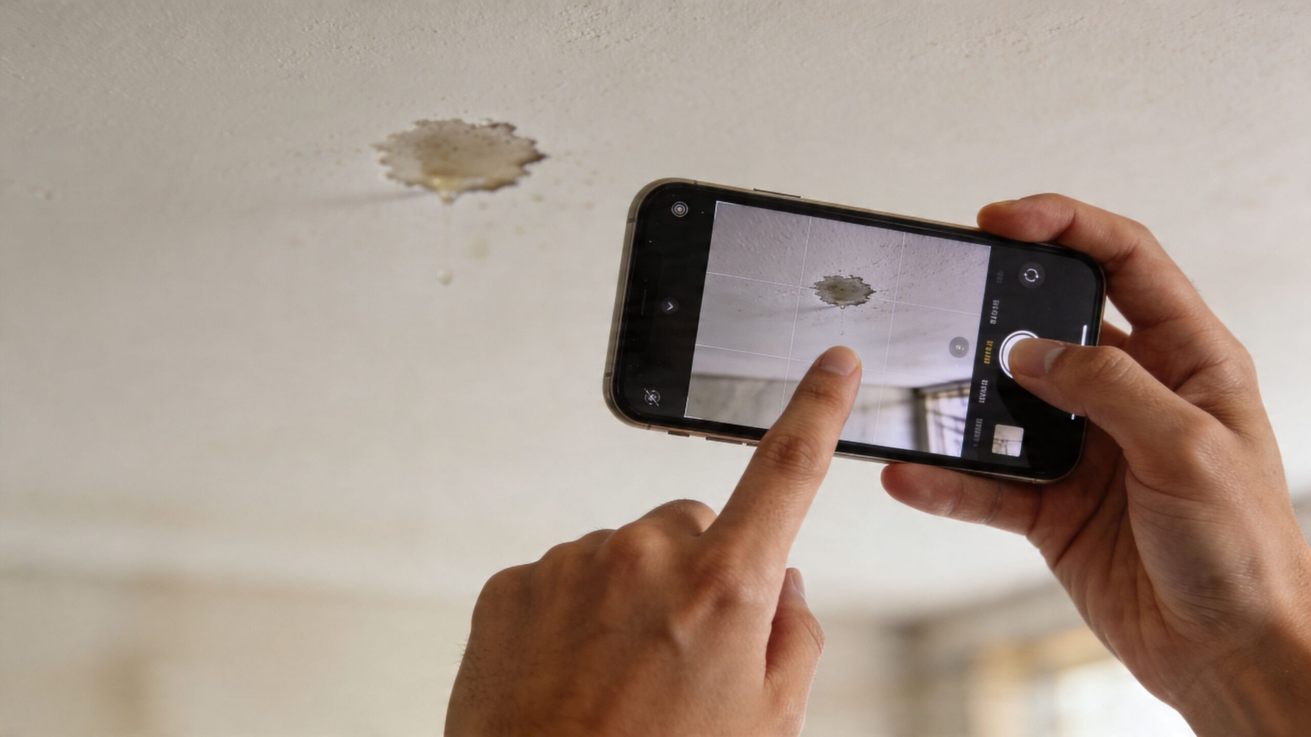 A person uses a smartphone to photograph a water leak and damage on a residential ceiling.