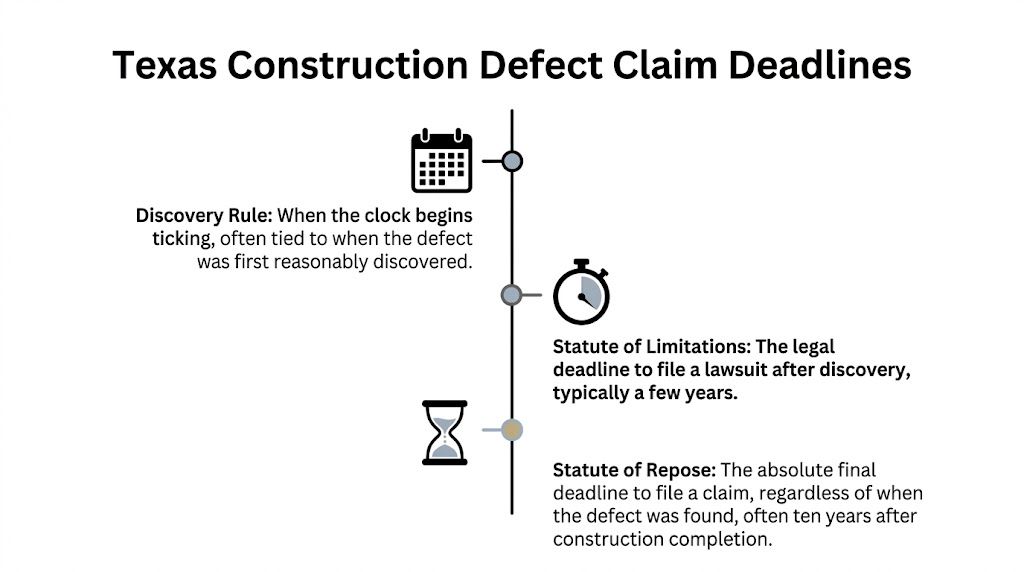 A timeline graphic illustrating legal deadlines for Texas construction defect claims including discovery, limitations, and repose.