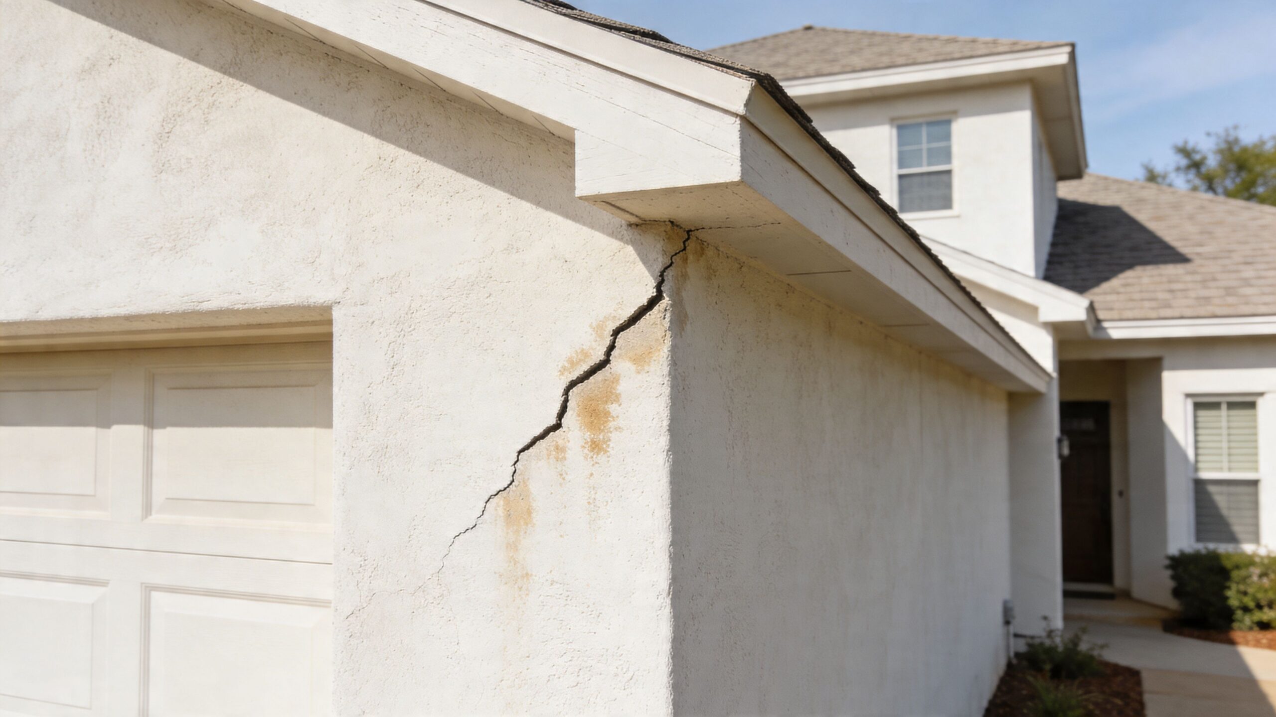 A large diagonal crack in the stucco wall of a suburban house near the roofline eaves.