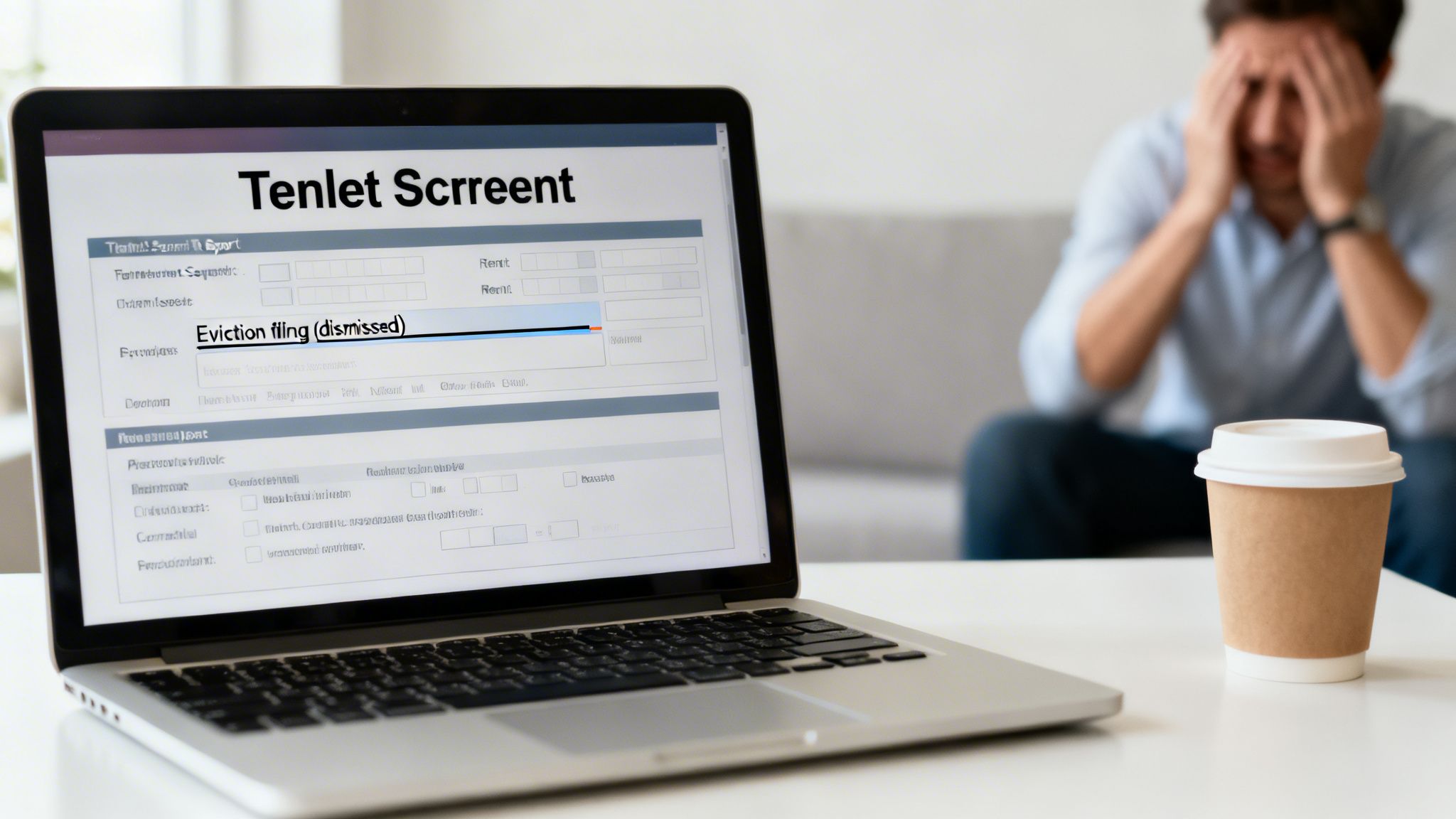 A laptop screen displays "Eviction filing (dismissed)", while a man holds his head in distress in the background.