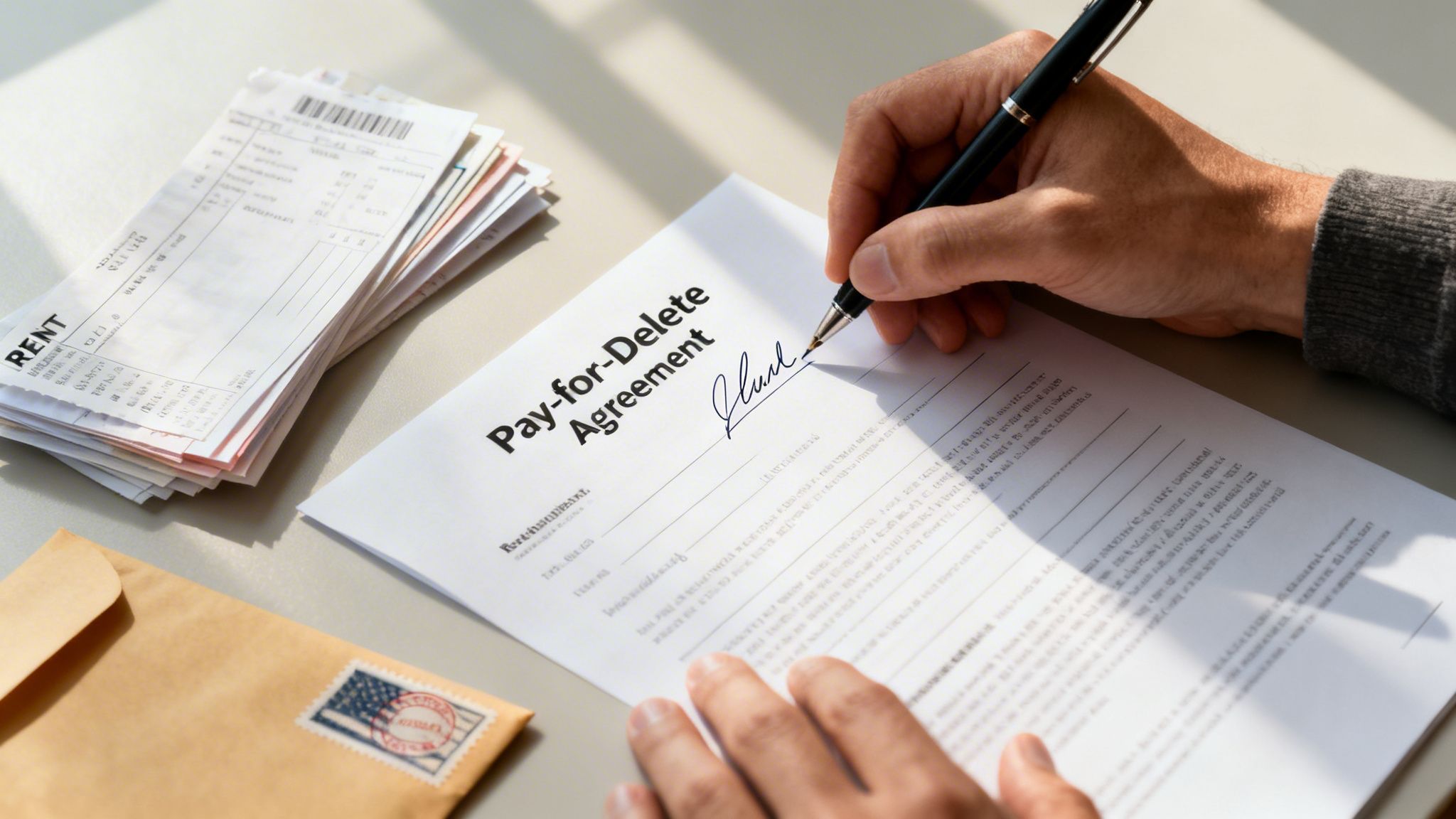 A person's hand signs a 'Pay-for-Delete Agreement' document with a pen, next to a stack of bills and an envelope.