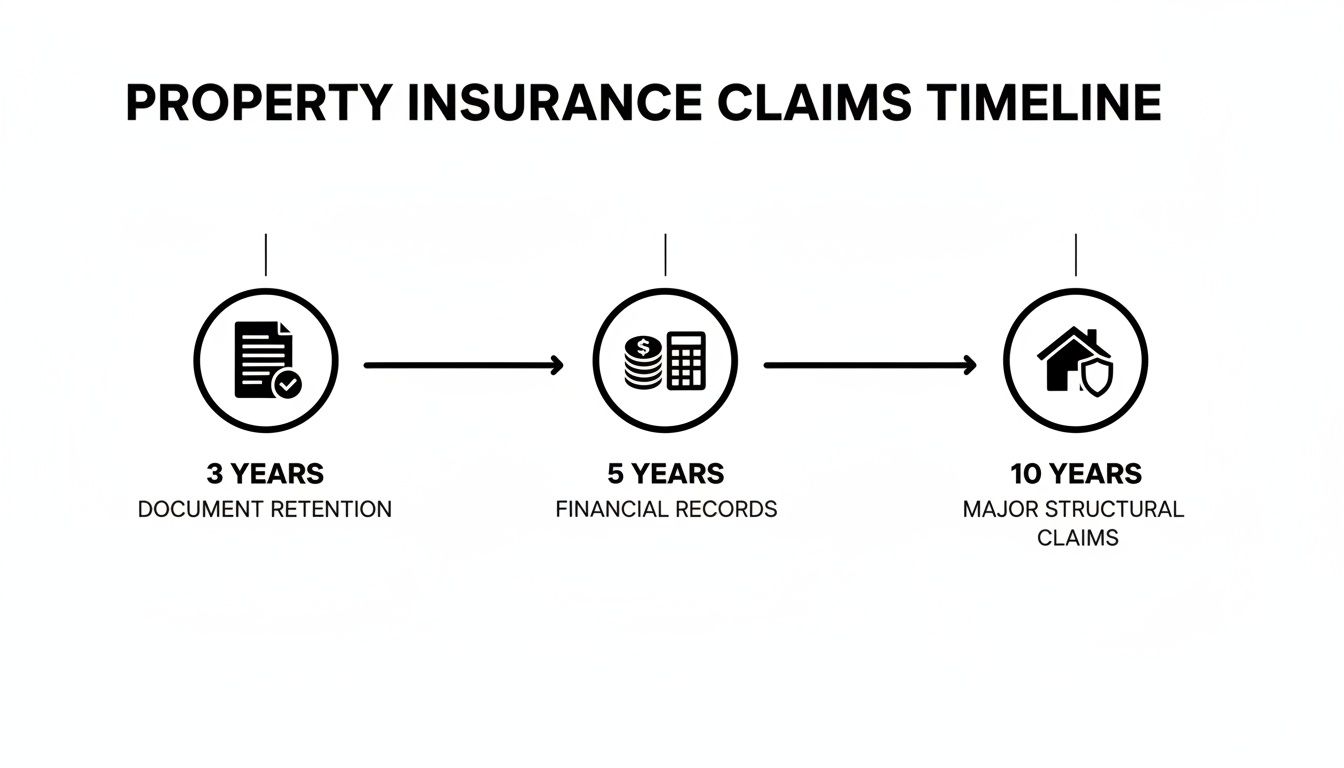 Timeline for property insurance claims, detailing record retention periods for documents, financial records, and major structural claims.
