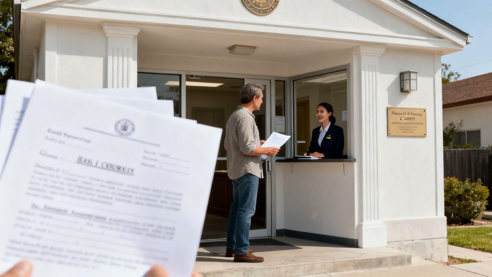 A man speaks to a woman at a service window outside a building, while holding legal documents.