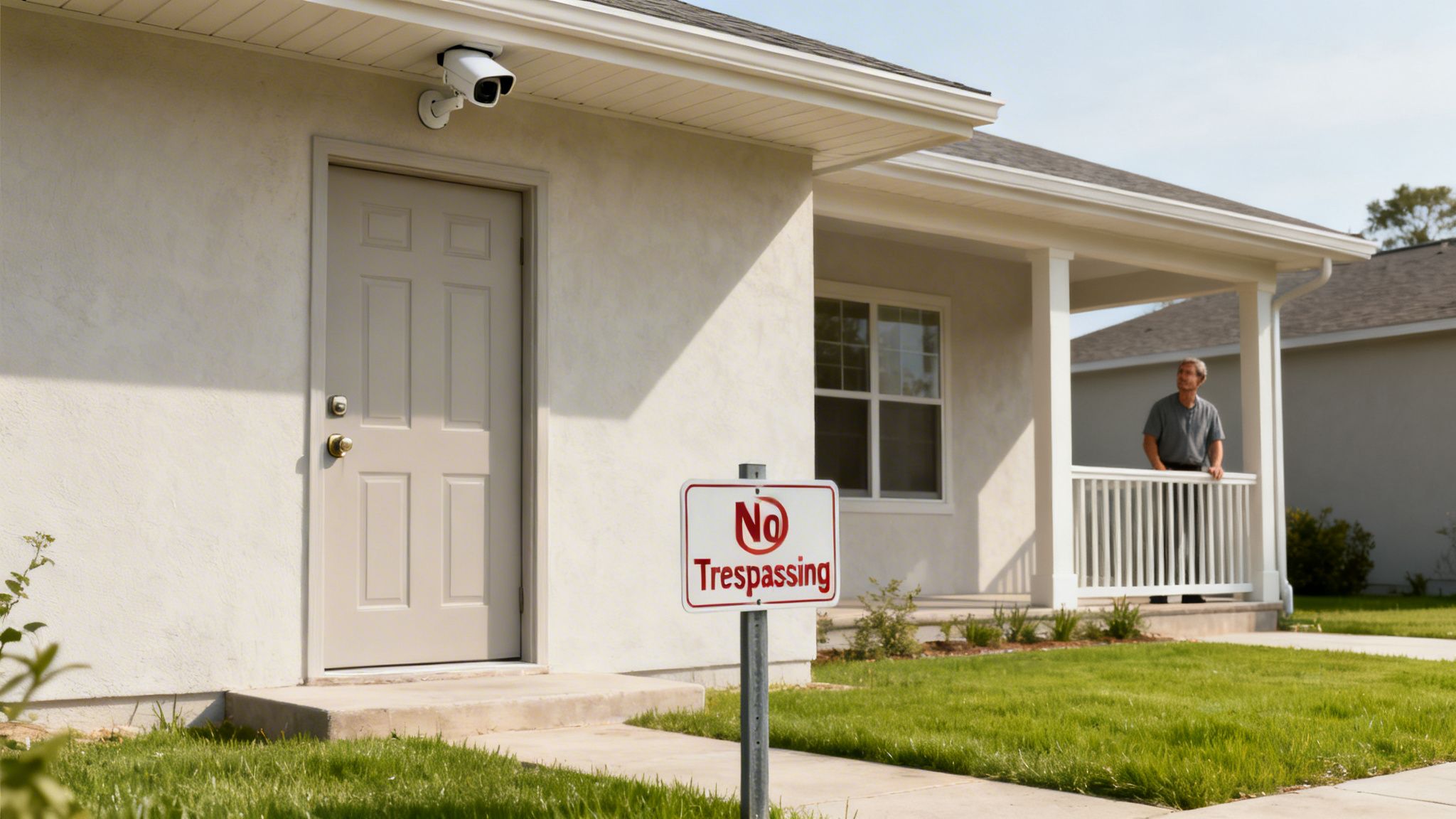 A house with a 'No Trespassing' sign, a security camera, and a man on the porch.