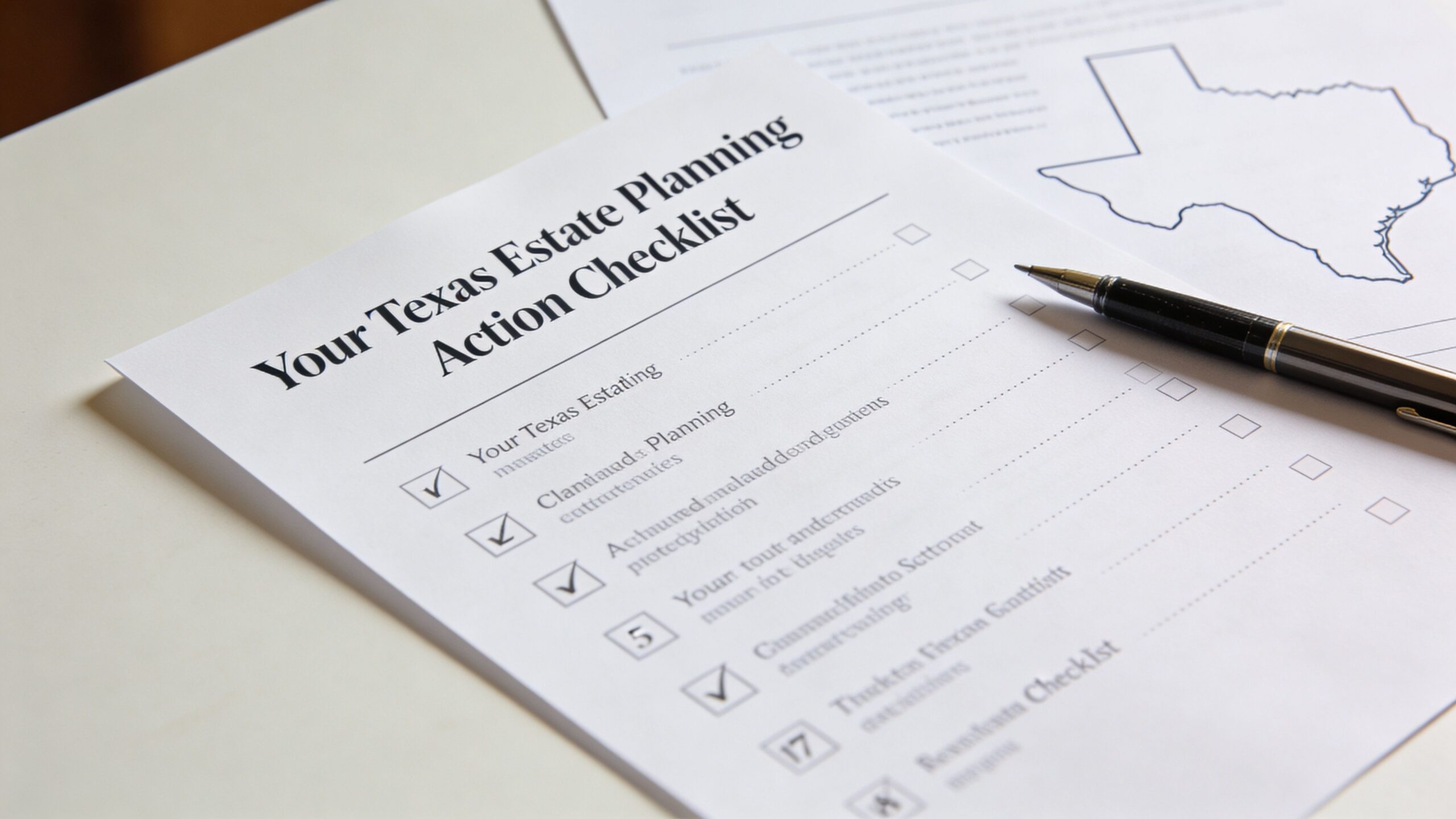 A close-up view of a Texas estate planning action checklist document on a desk with a pen.