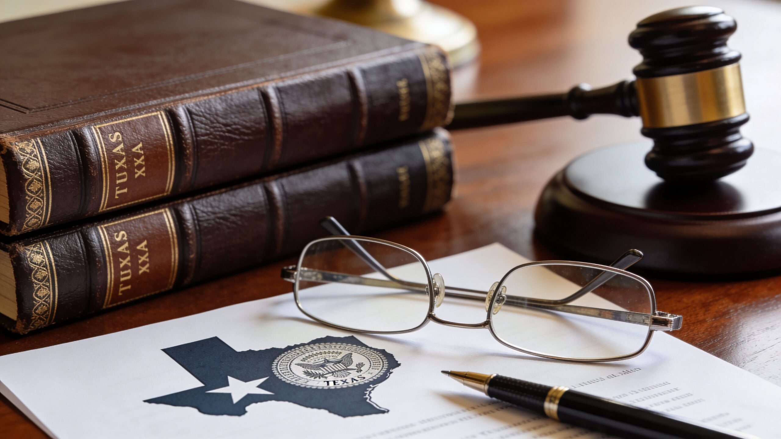 A gavel and legal books placed beside glasses and a legal document featuring the Texas state outline.