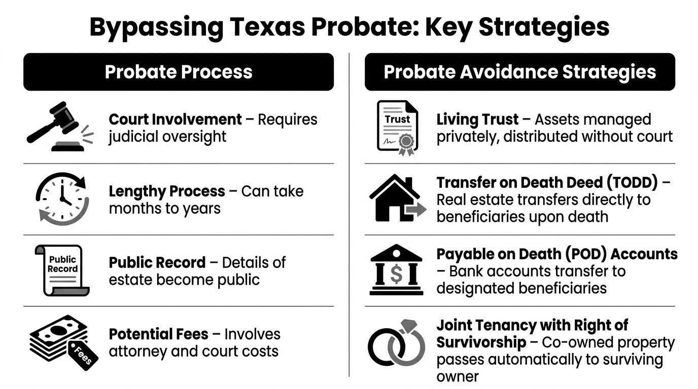 A comparison chart outlining the Texas probate process and effective strategies for avoiding probate through estate planning.