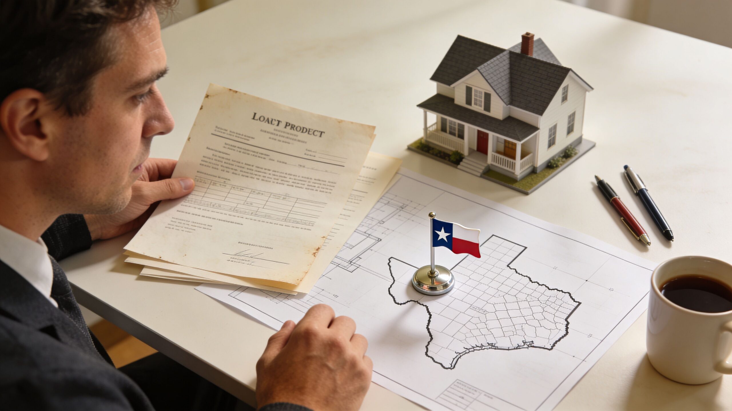 A man in a suit reviews loan documents at a desk featuring a Texas map model.