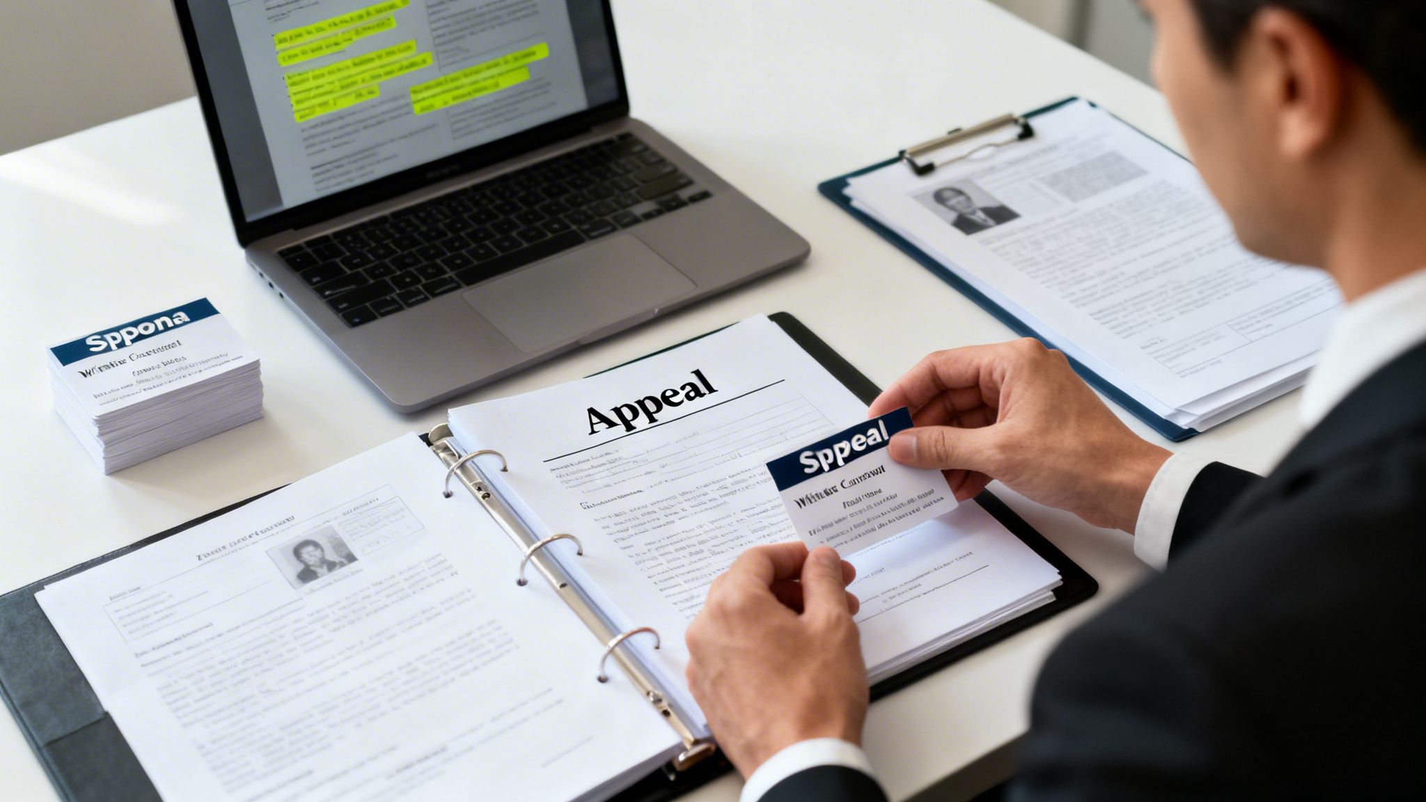 A legal professional reviewing 'Appeal' documents, a laptop, and business cards on a white office desk, focusing on legal proceedings.