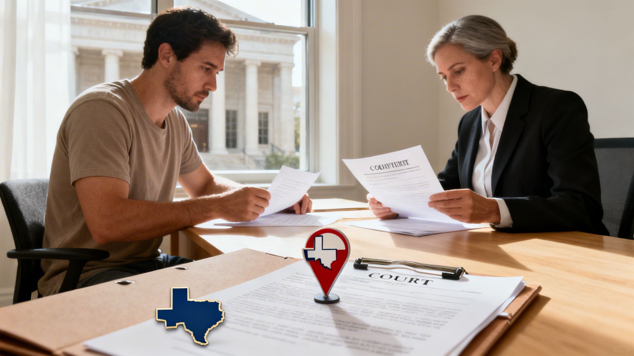 A man and a lawyer reviewing court documents on a table with Texas map icons.
