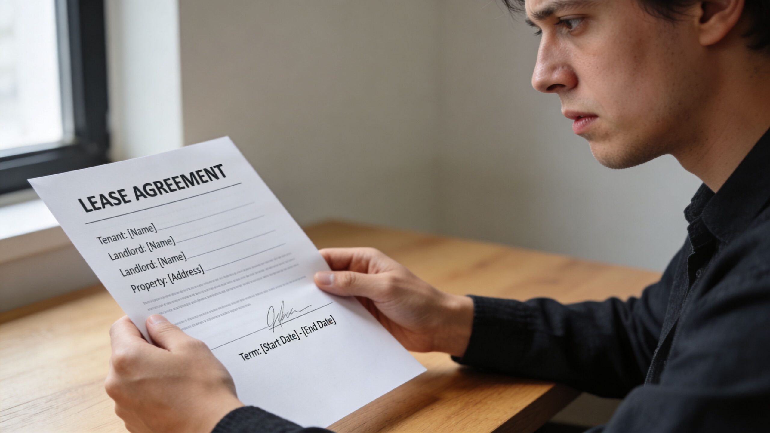 A young man sits at a wooden desk, attentively reading a document labeled as a lease agreement.
