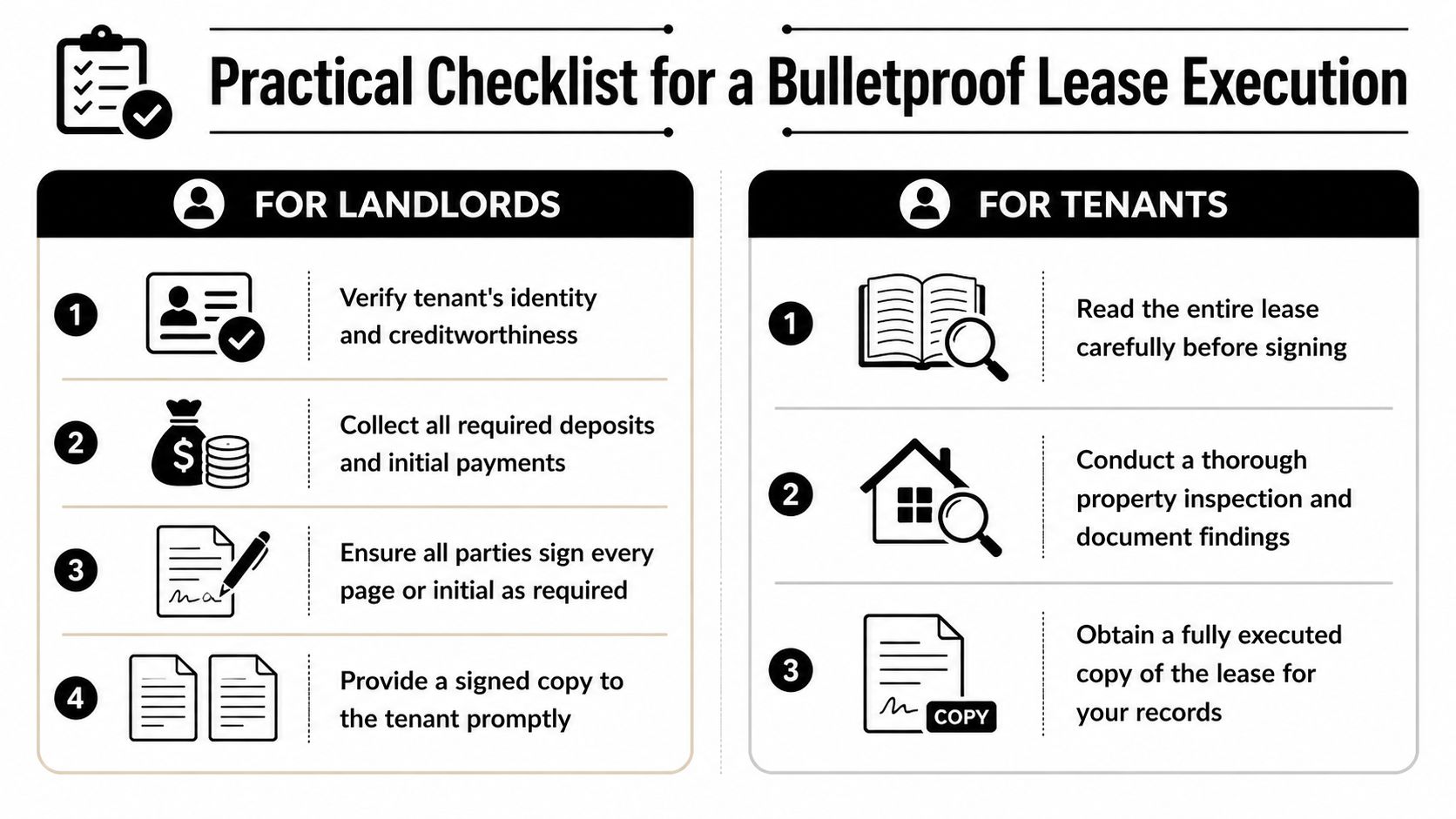 An infographic checklist for landlords and tenants to ensure a secure and legal lease execution process.