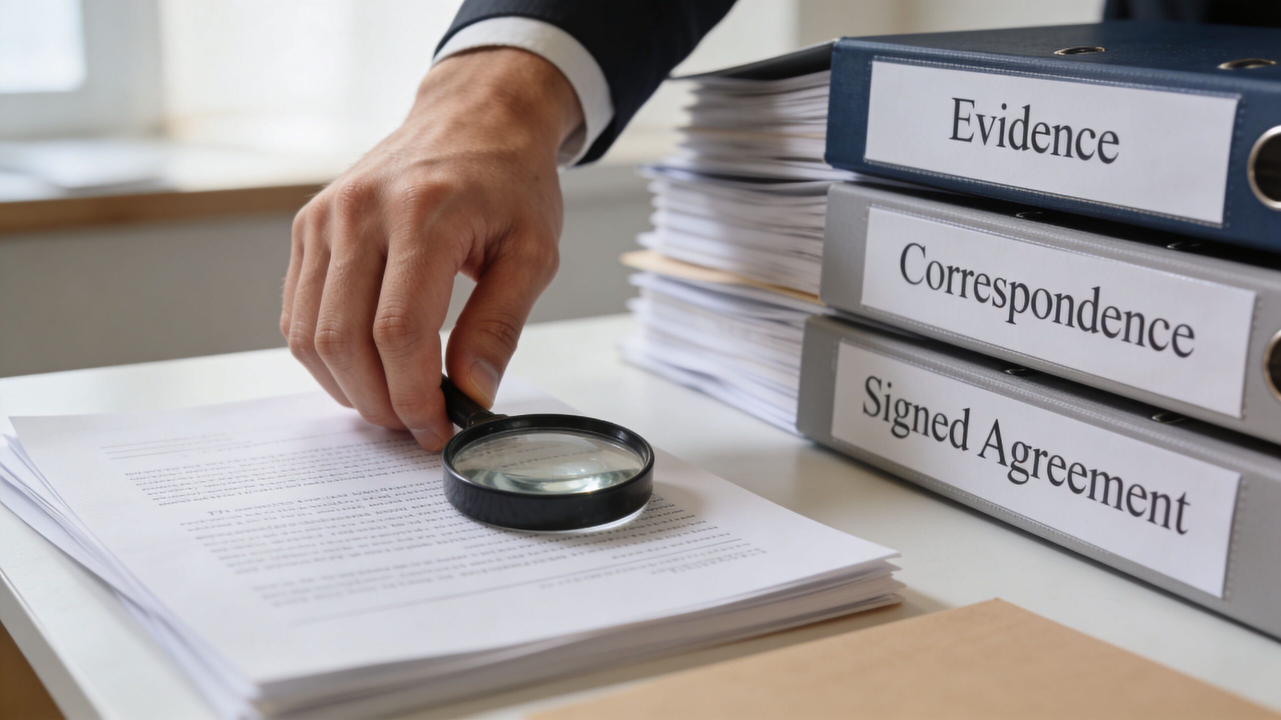 A professional analyzing a stack of documents with a magnifying glass beside binders labeled with legal categories.