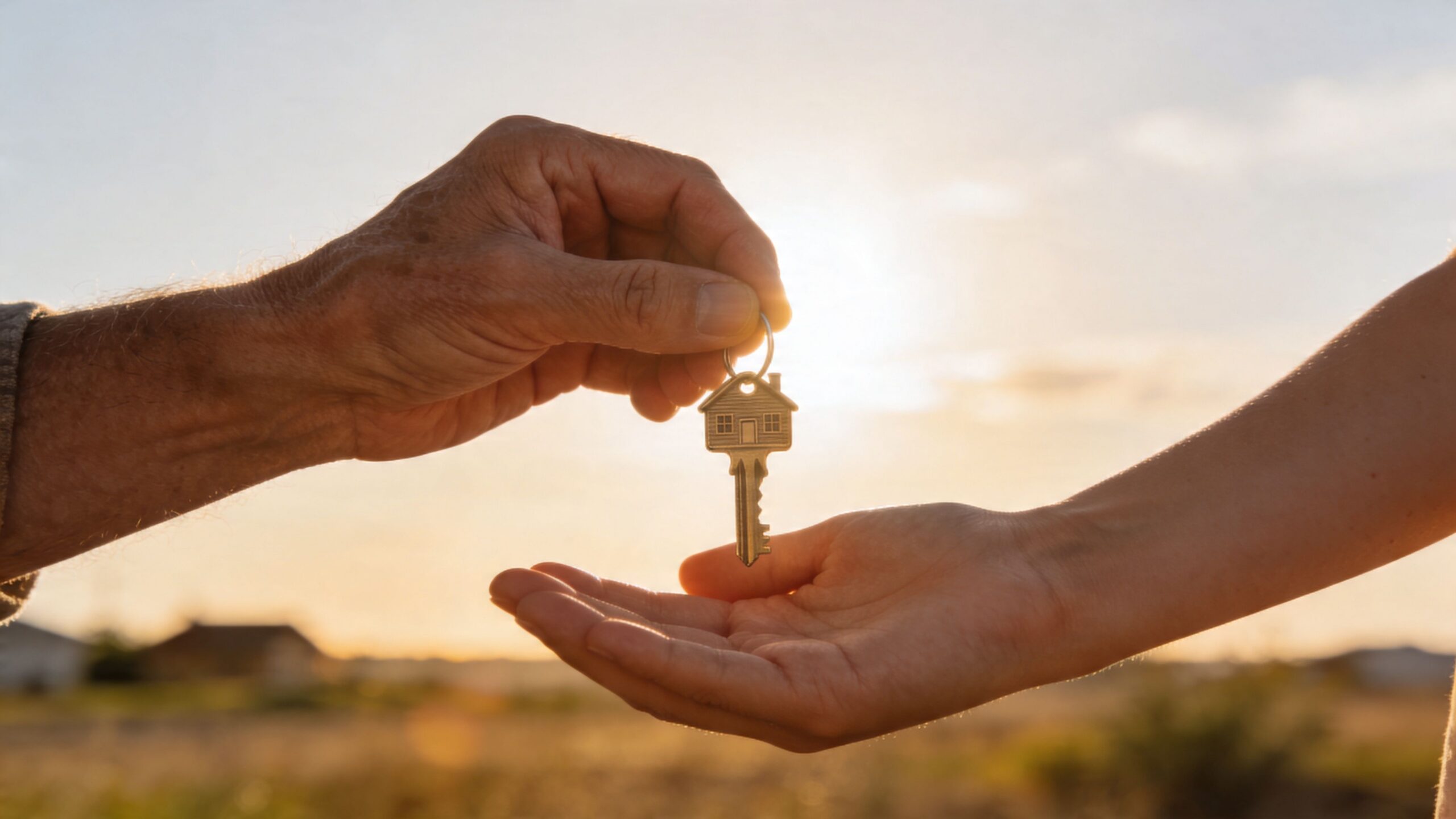 An elderly hand passing a house-shaped key to a younger person against a warm sunset background