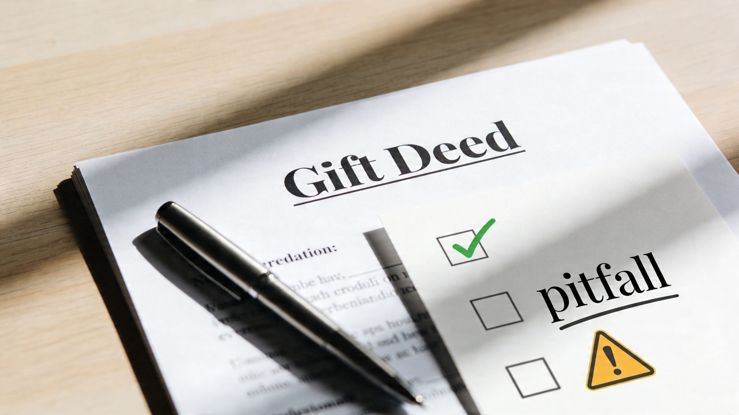 A document titled Gift Deed with a checklist, a checkmark, and a warning symbol for potential pitfalls.