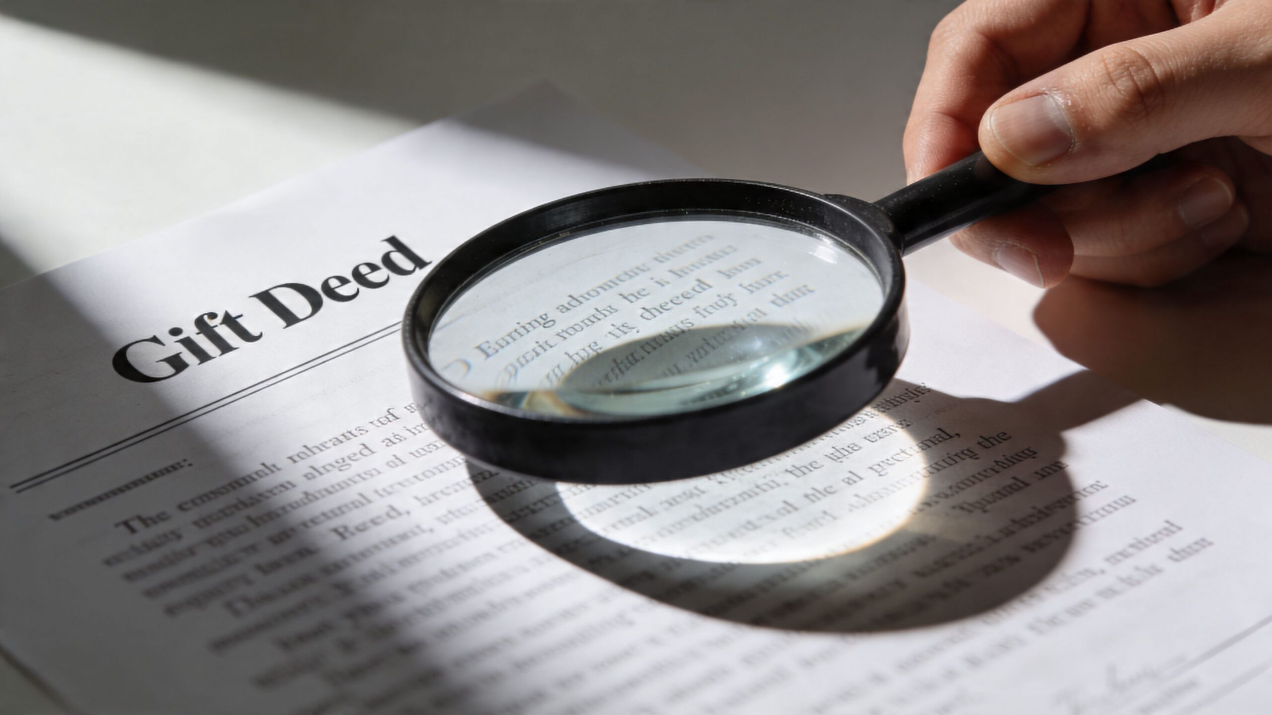 A hand holding a magnifying glass over a legal document labeled Gift Deed to examine the text.