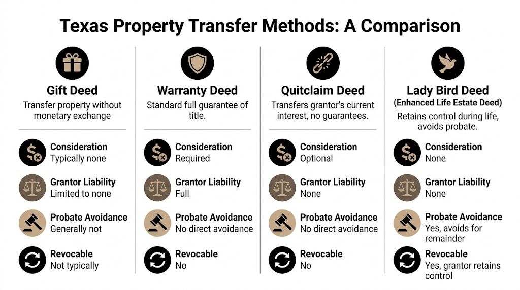 A comparison chart outlining four common Texas property transfer methods including deeds, liabilities, and probate avoidance details.