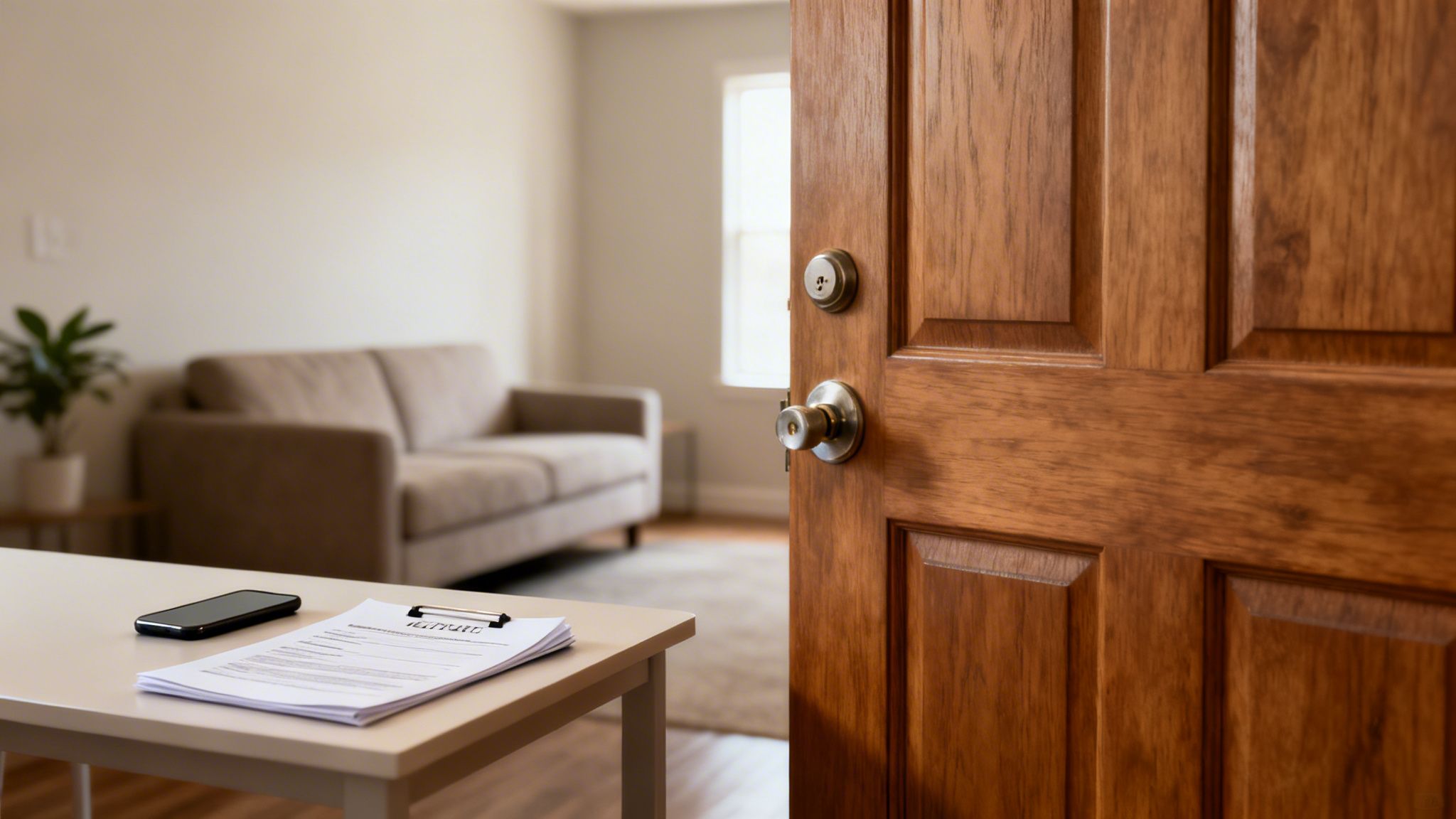 An open wooden front door with brass hardware reveals a bright living room with a sofa and paperwork on a table.