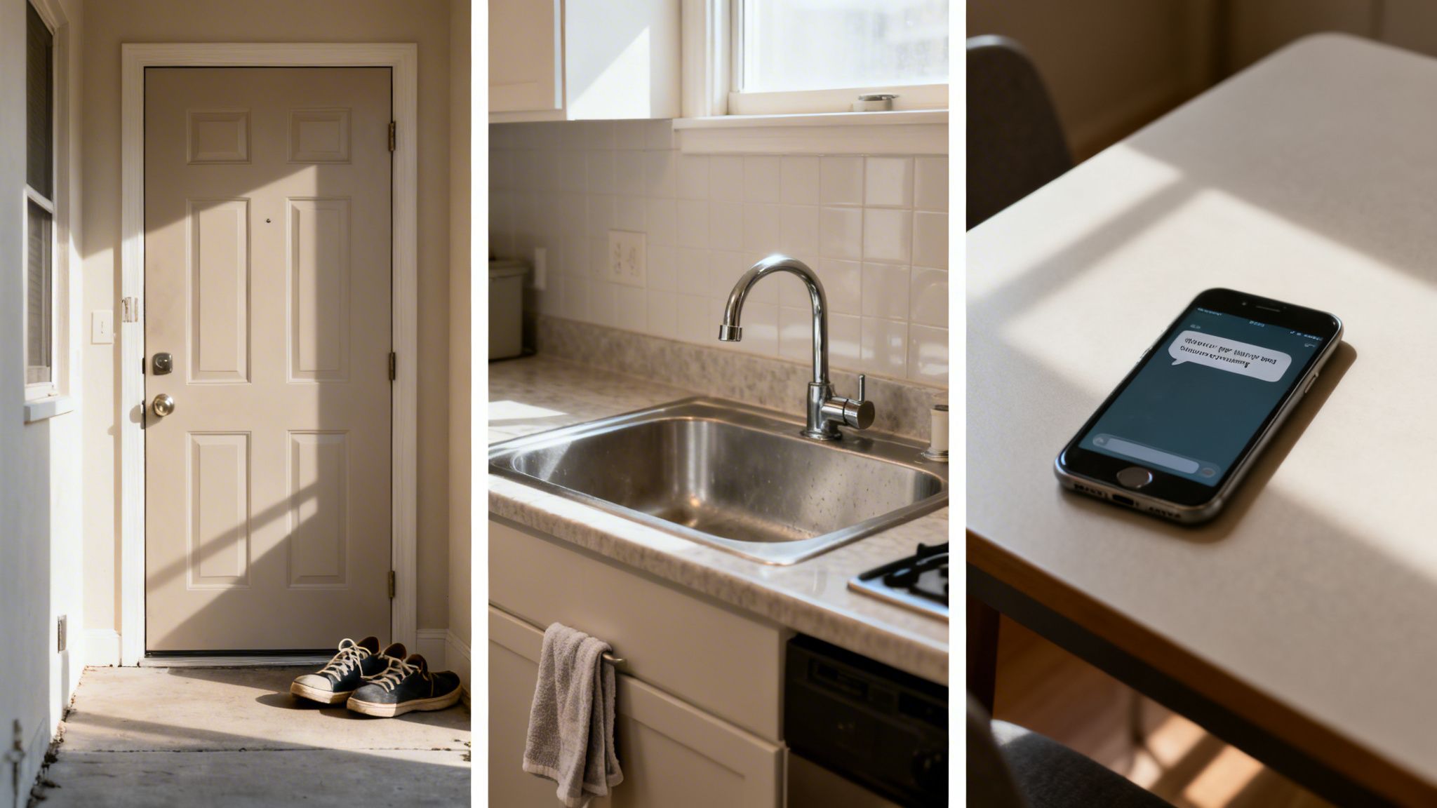 A triptych showing an entry door with shoes, a kitchen sink, and a smartphone on a table, all bathed in sunlight.