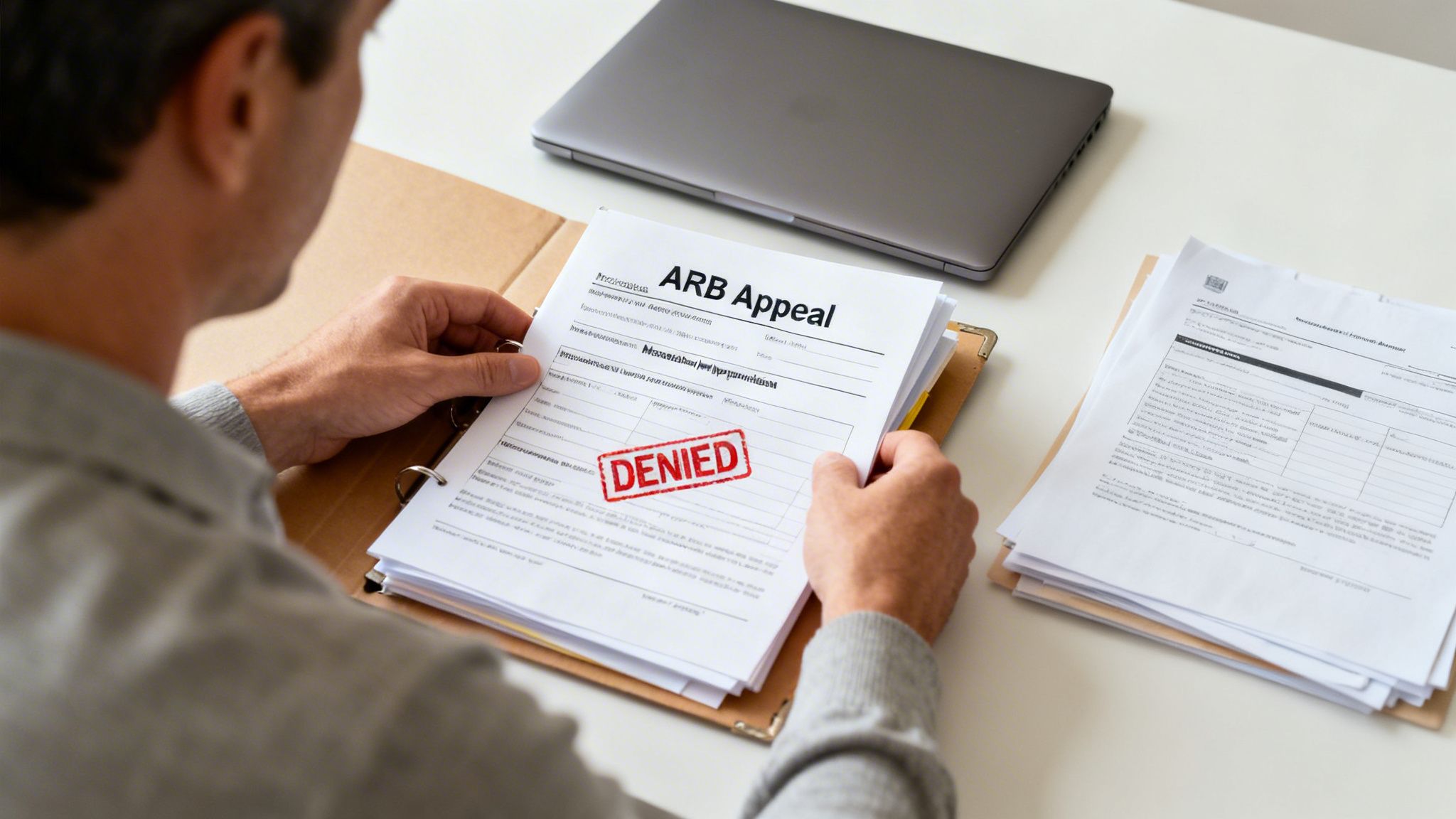 A man holds a 'DENIED' ARB Appeal document in a binder, reviewing the rejection.
