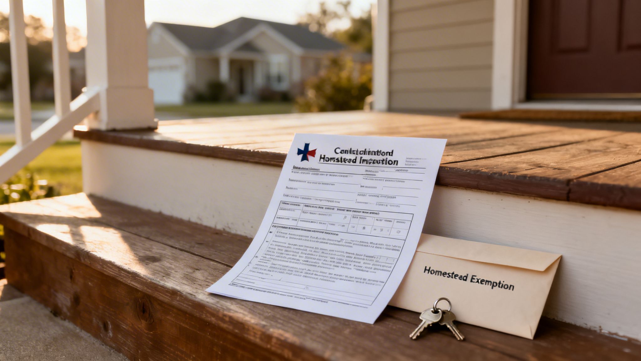 A homestead exemption form and envelope with house keys are on a wooden porch step.