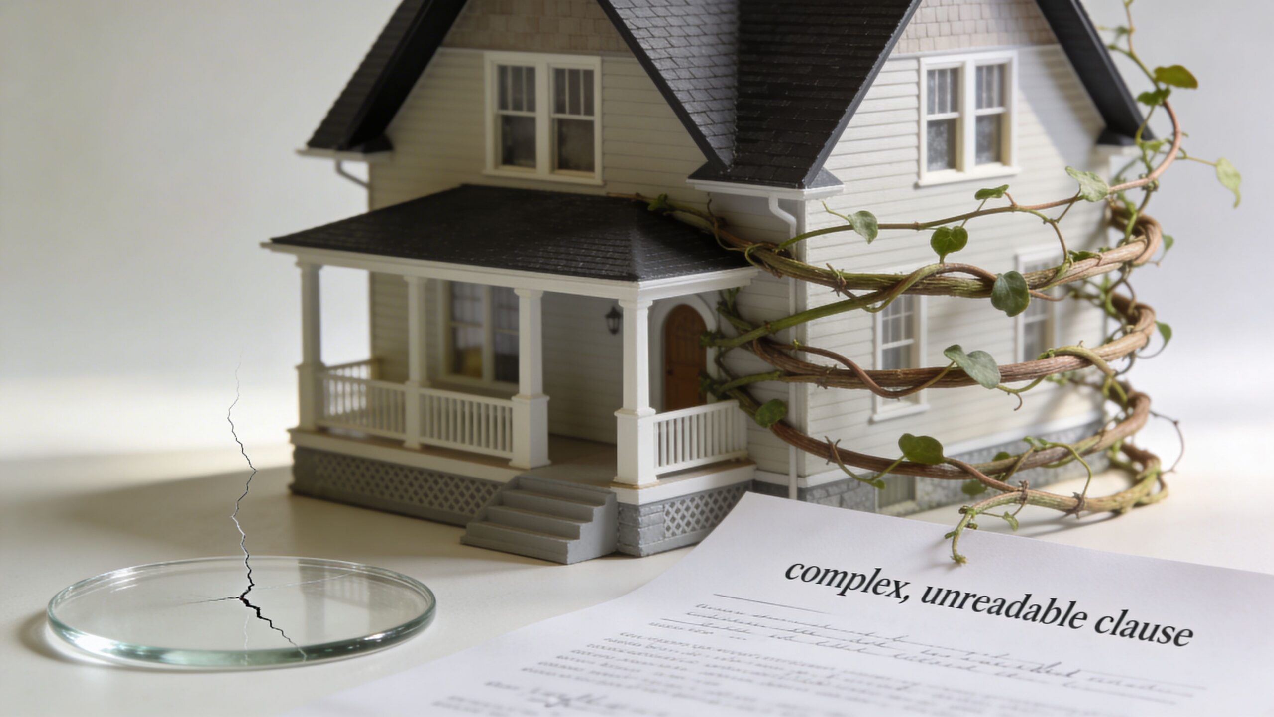 A house model entwined by vines next to a document containing a complex and unreadable legal clause.