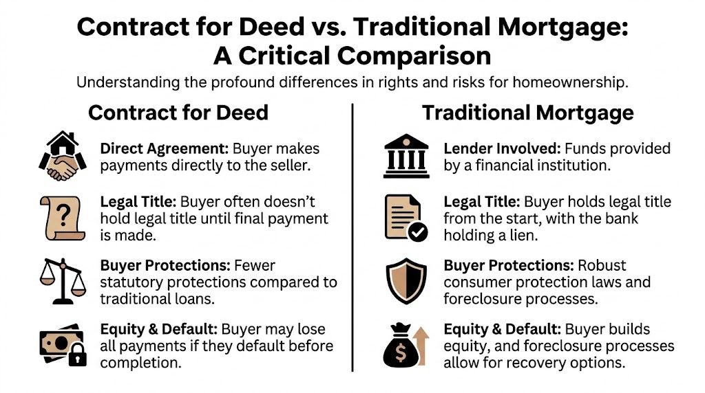 A comparison chart outlining key differences between a contract for deed and a traditional mortgage agreement.