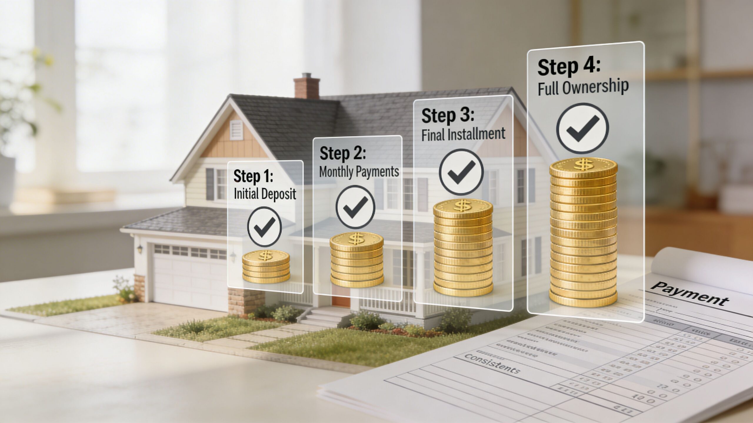 A conceptual model of a house with four steps showing the progression from deposit to full ownership.