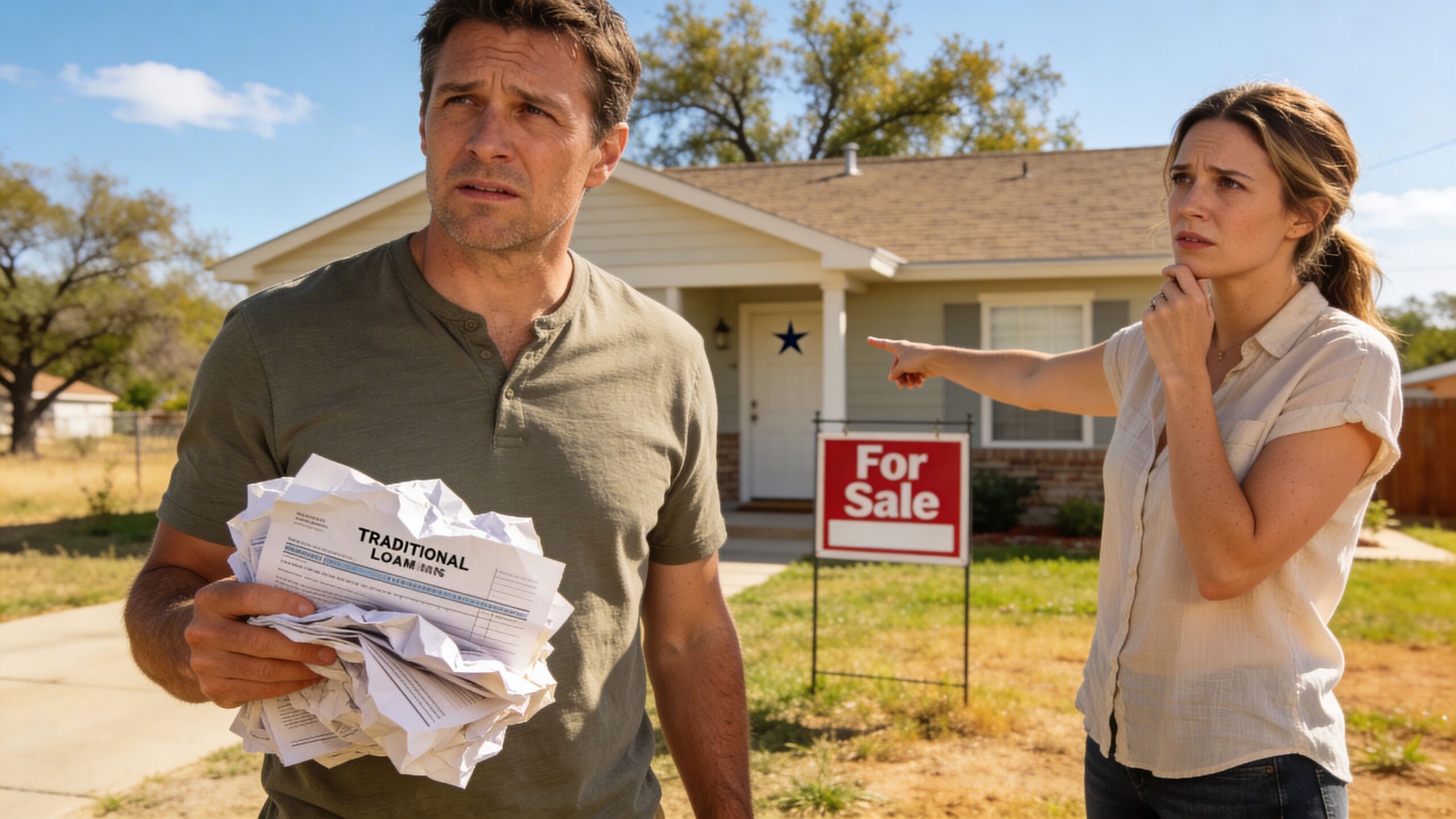 A concerned couple stands in front of a house for sale, holding a stack of loan documents.