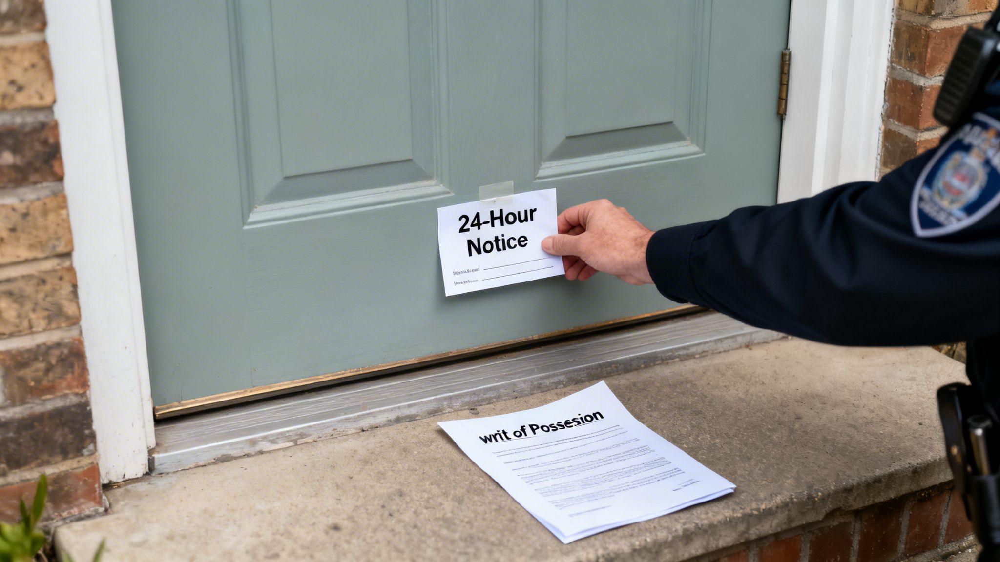 A hand tapes a 24-Hour Notice on a green door, with a Writ of Possession document on the doorstep, signifying legal action.