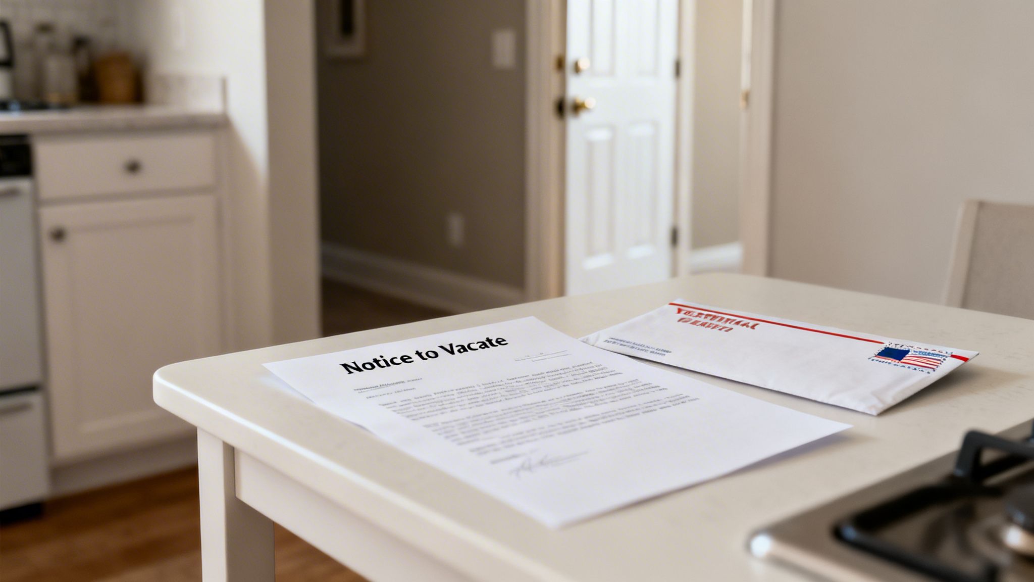 A Notice to Vacate document and a 'TERMINAL RENTAL' mail envelope on a kitchen table.