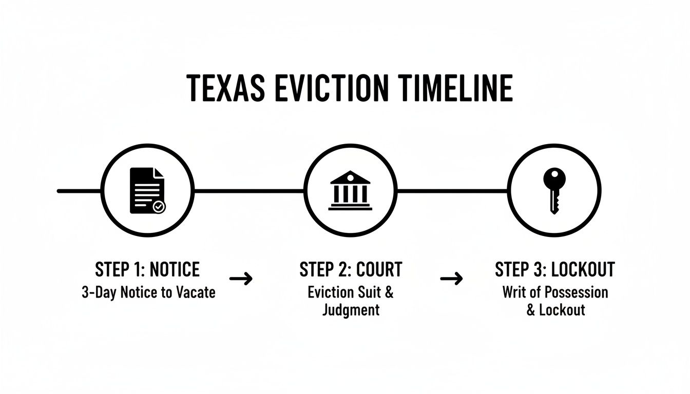 A Texas eviction timeline visual illustrating the three key steps: notice, court proceedings, and final lockout.