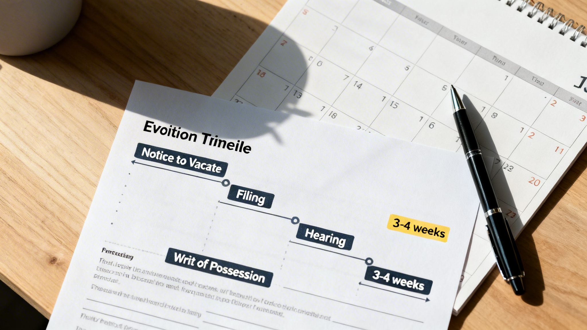 An eviction timeline document showing steps, durations, a calendar, and a pen on a wooden desk.