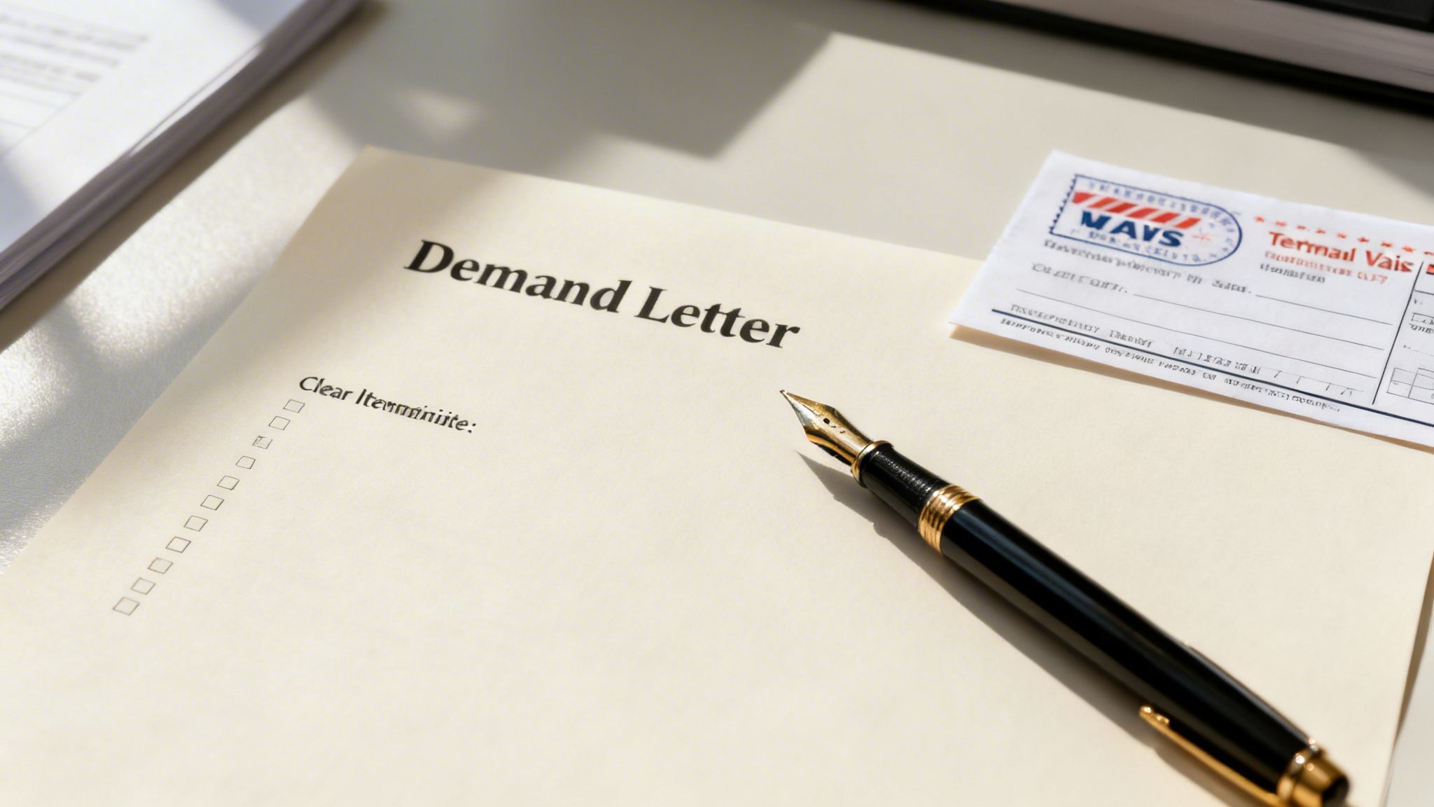 A close-up of a 'Demand Letter' document, a fountain pen, and a postal form on a desk.