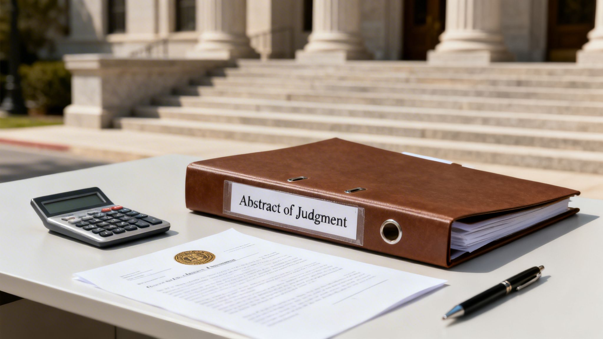 A brown binder labeled 'Abstract of Judgment' on a table with a calculator, document, and pen, in front of a courthouse.