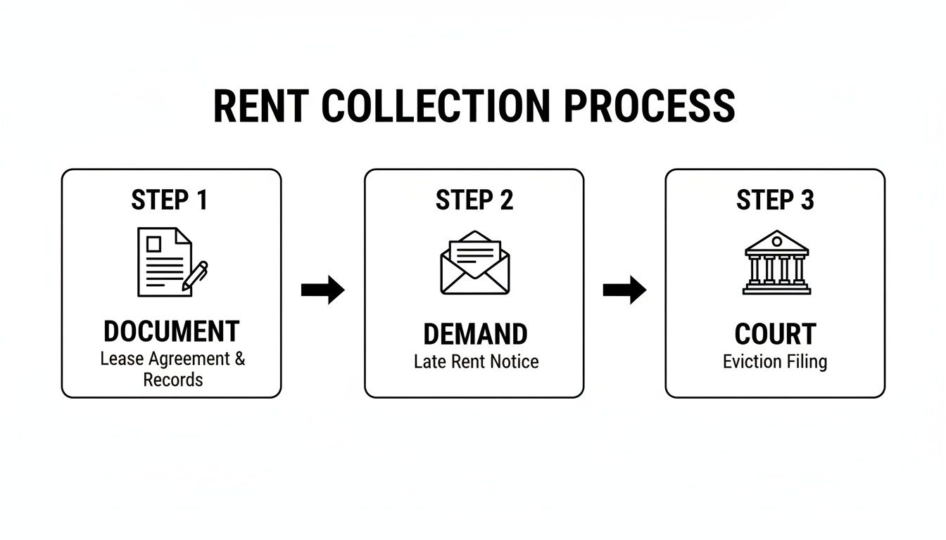Flowchart showing the three-step rent collection process: document, demand, and court eviction filing.