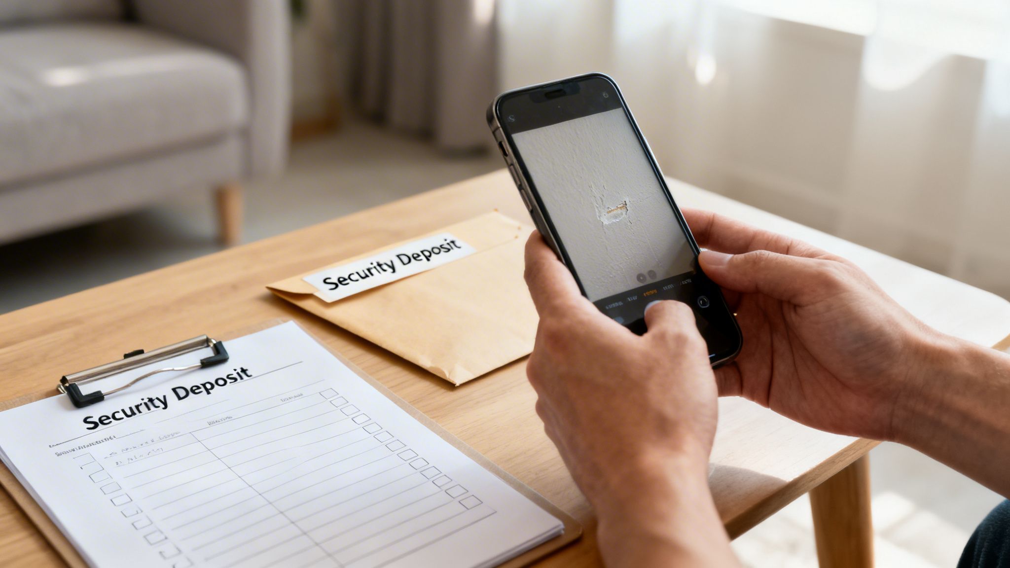 Person taking a picture of a wall defect with a smartphone, next to security deposit forms and an envelope.