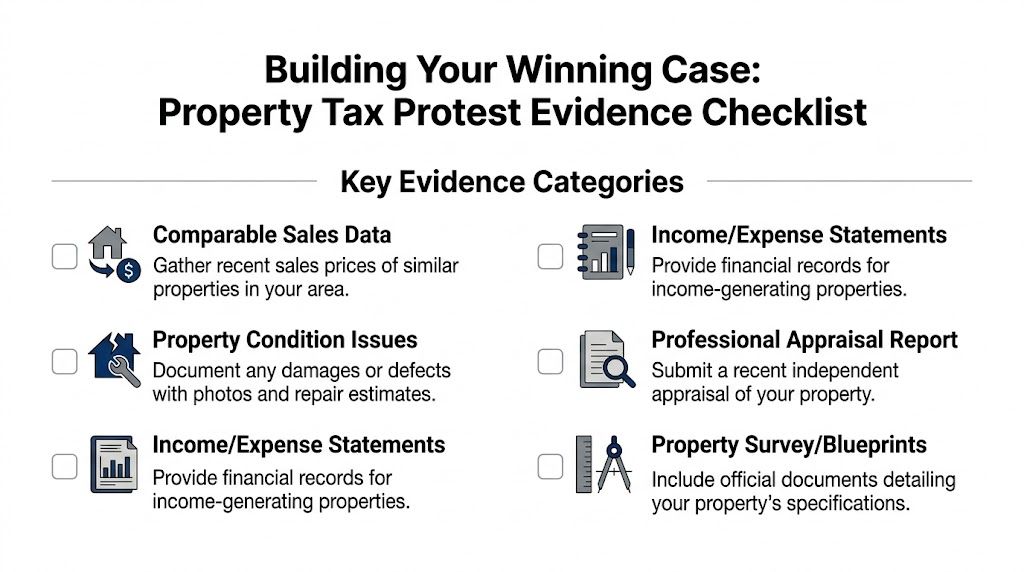 A checklist for gathering evidence to contest property taxes, including comparable sales, condition issues, and appraisals.