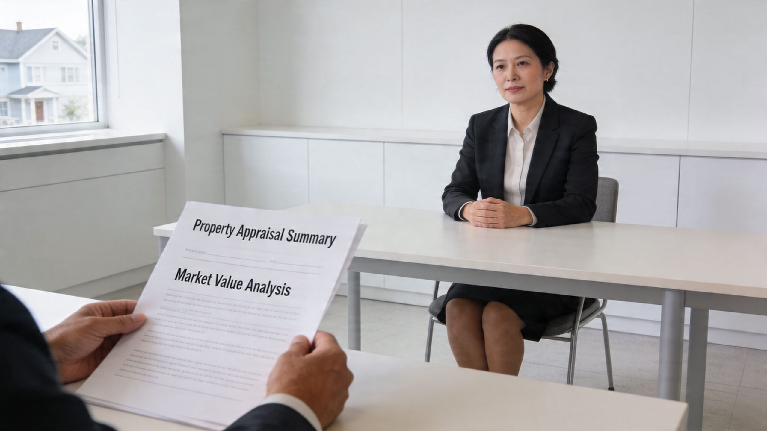 A professional in a business suit reviews a property appraisal summary during a formal meeting.
