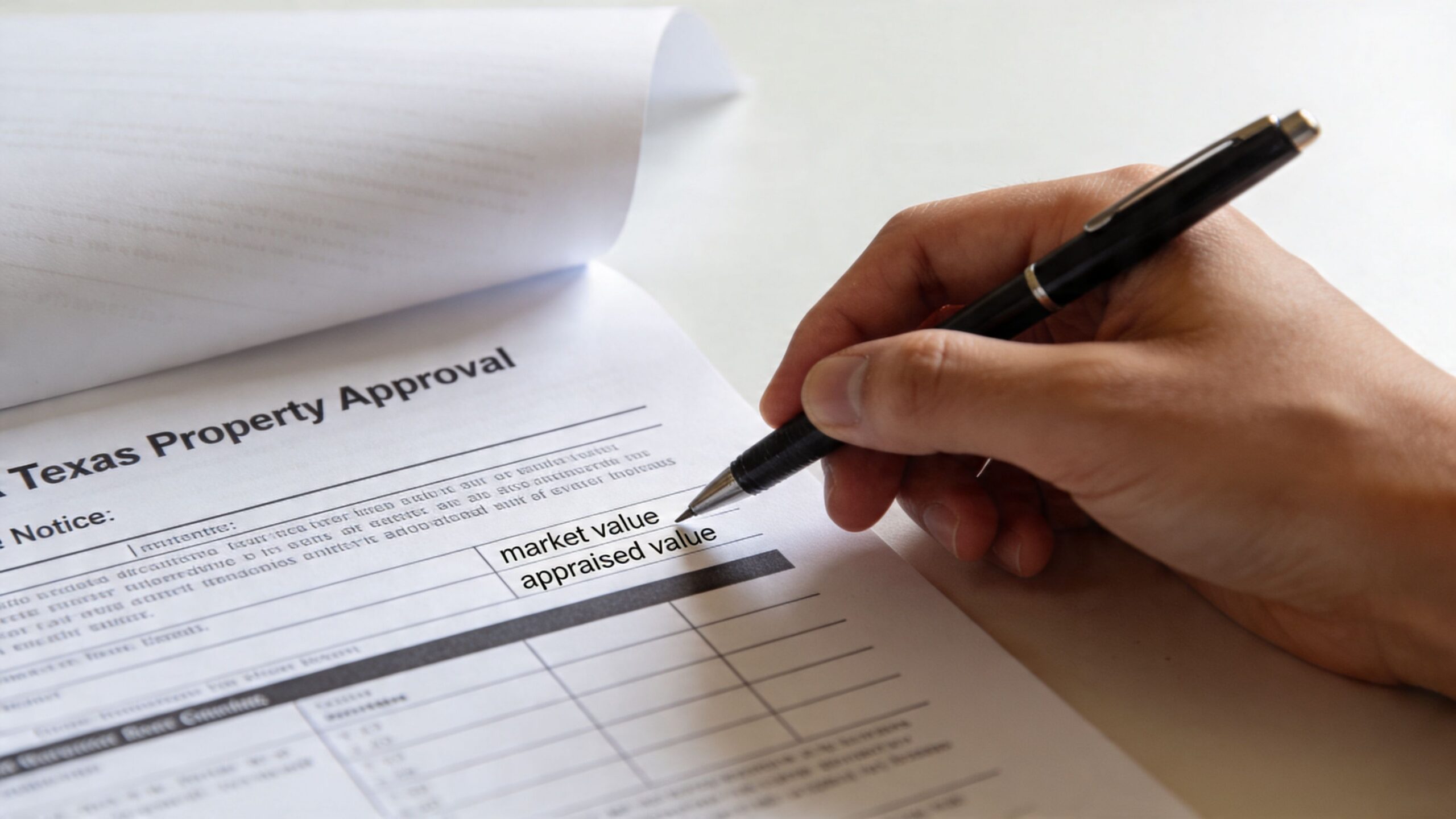 A person writing on a Texas Property Approval document during a tax assessment process.