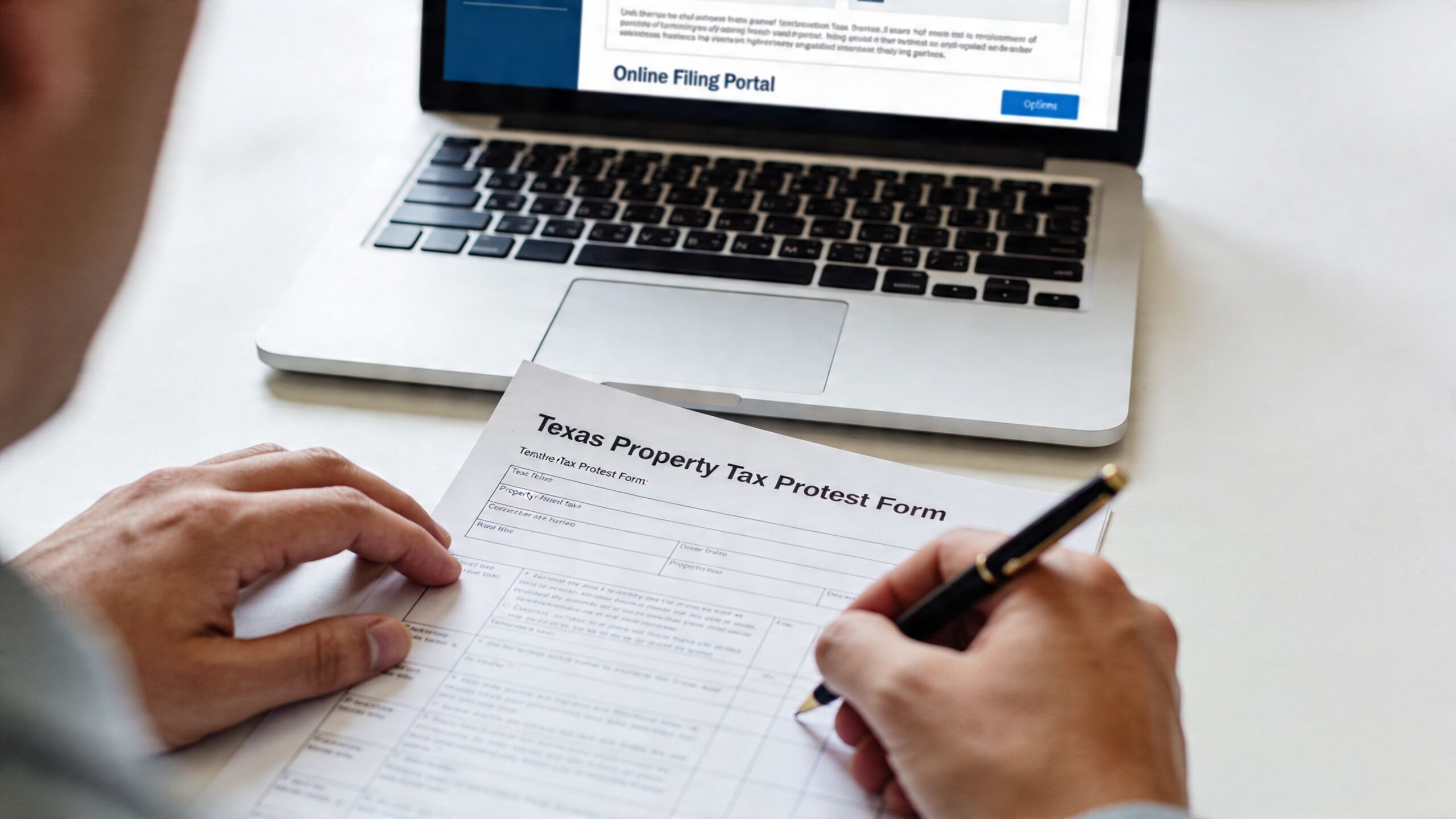 A person fills out a Texas Property Tax Protest Form with a pen while looking at a laptop.
