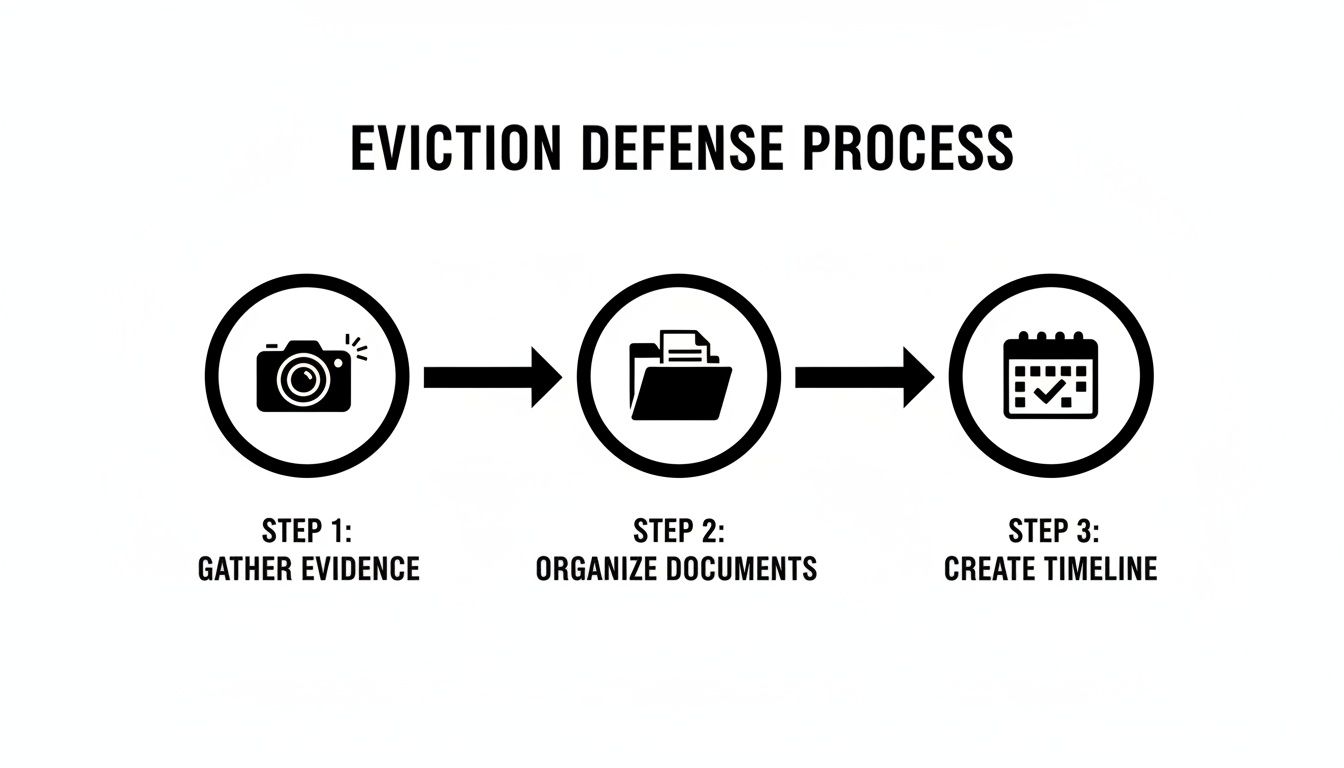 Visual guide illustrating the three steps of an eviction defense process: gather evidence, organize documents, and create a timeline.