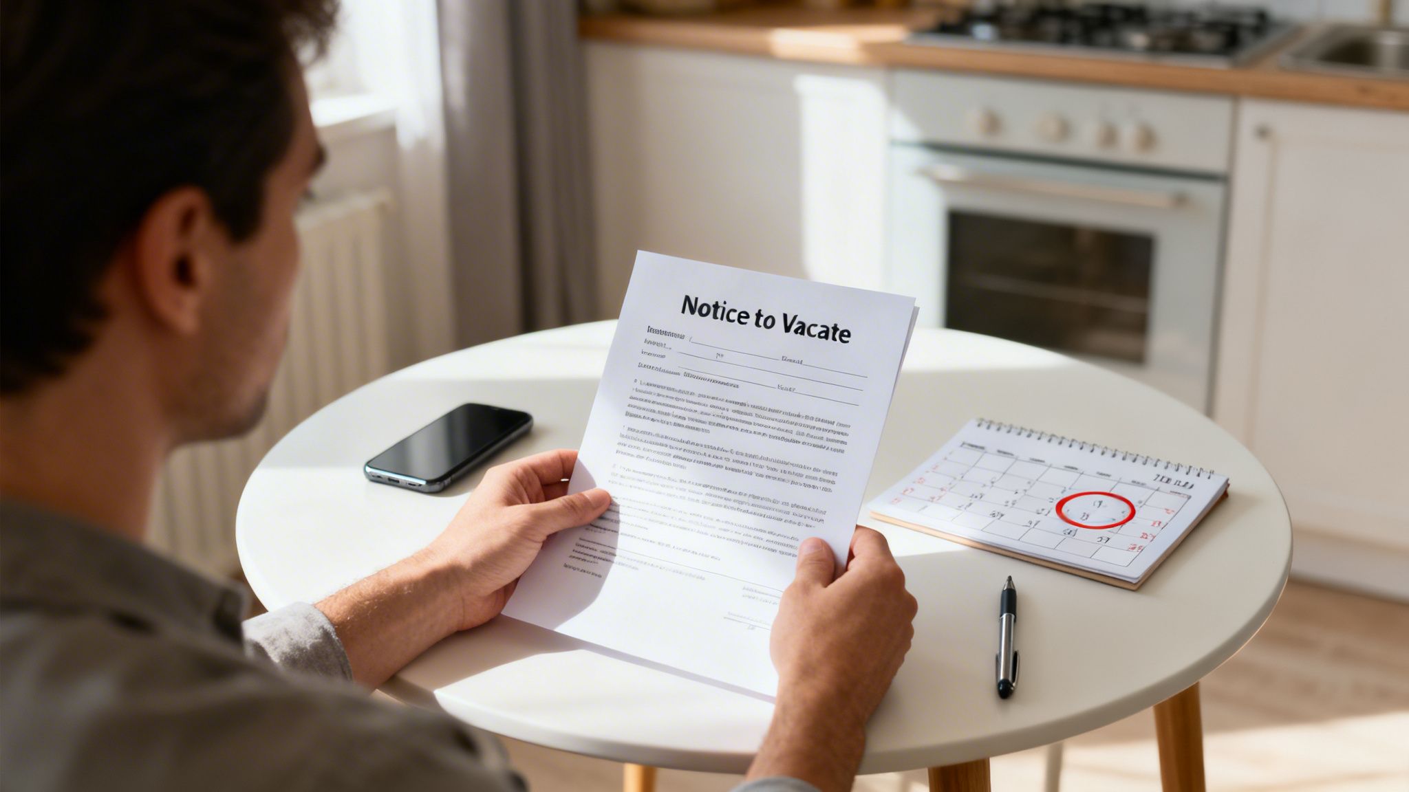 A man reads a 'Notice to Vacate' document, contemplating an eviction notice at his kitchen table.