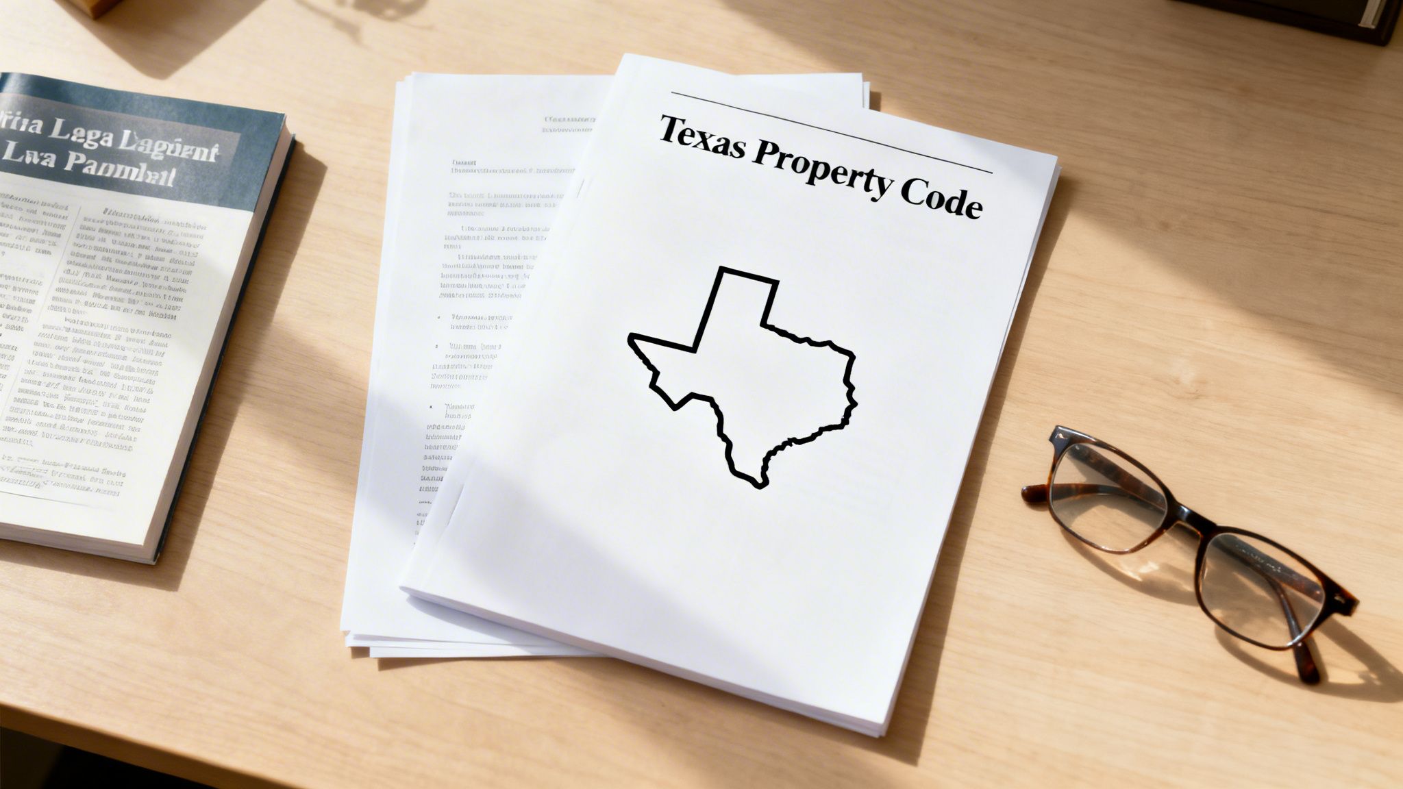A desk with a document titled 'Texas Property Code' featuring a Texas map, a book, and reading glasses.