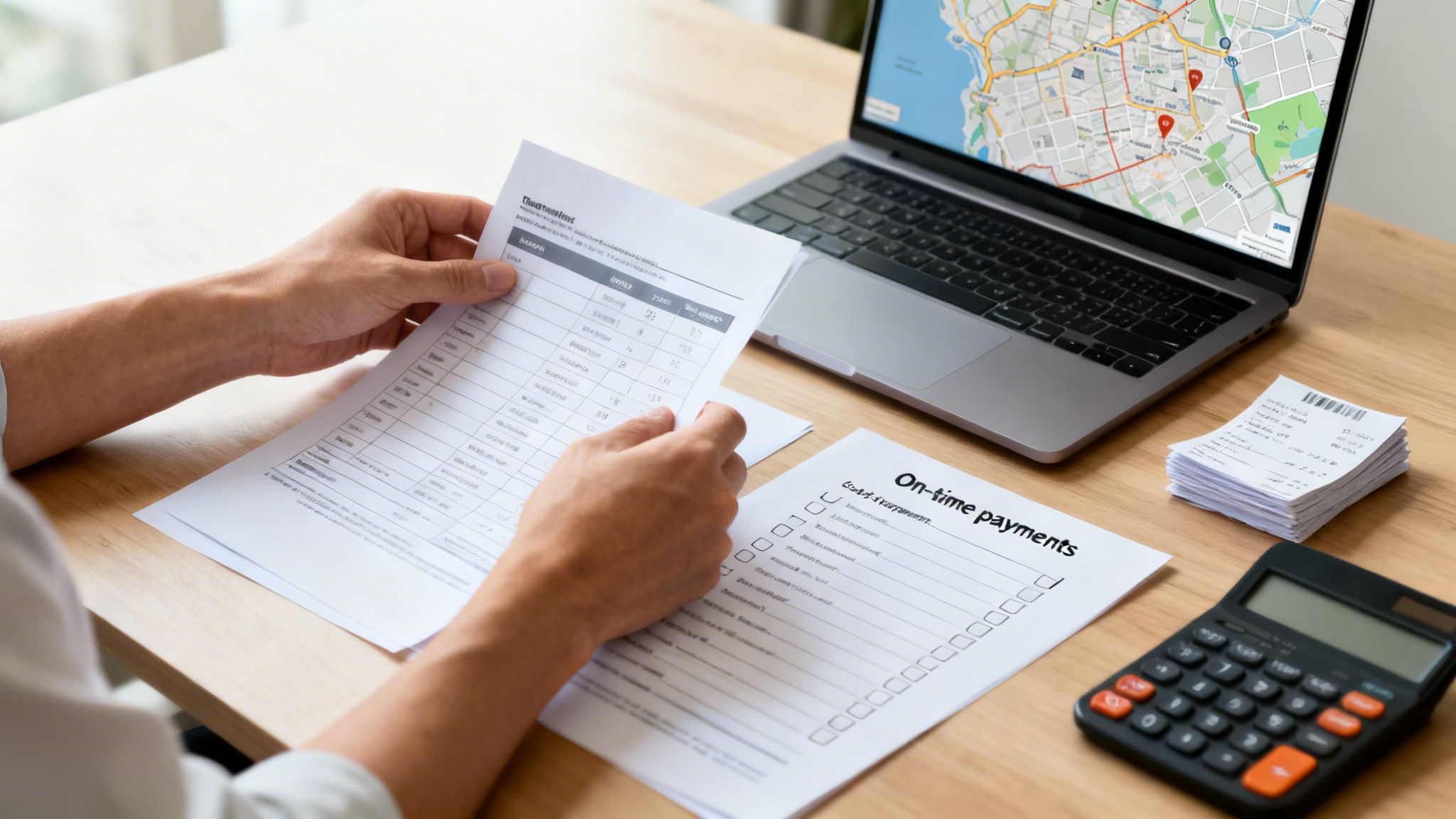 Person reviewing financial documents and receipts on a wooden desk with a laptop and calculator.