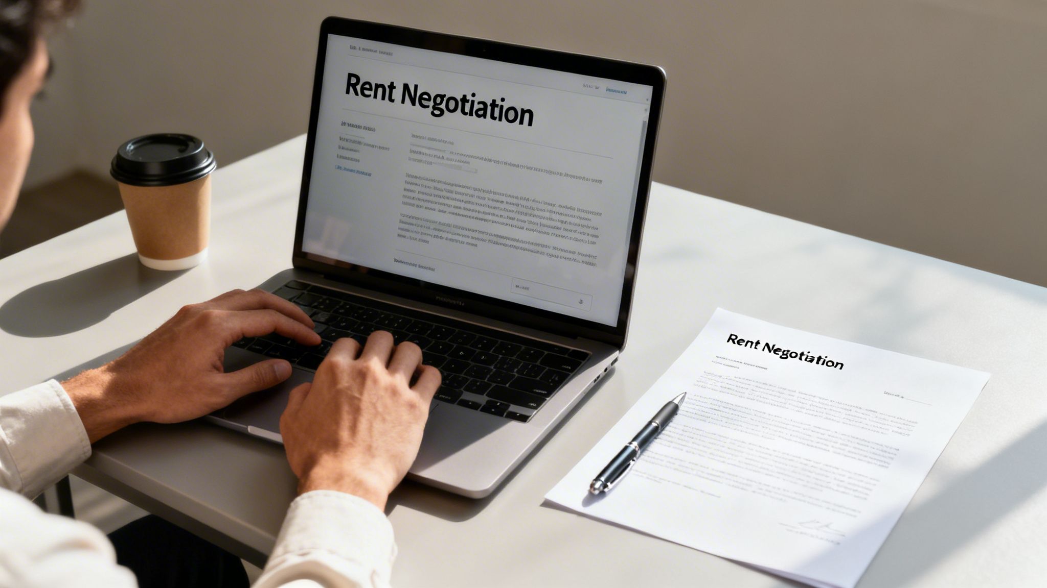 A person types on a laptop, researching rent negotiation, with a document and coffee cup.