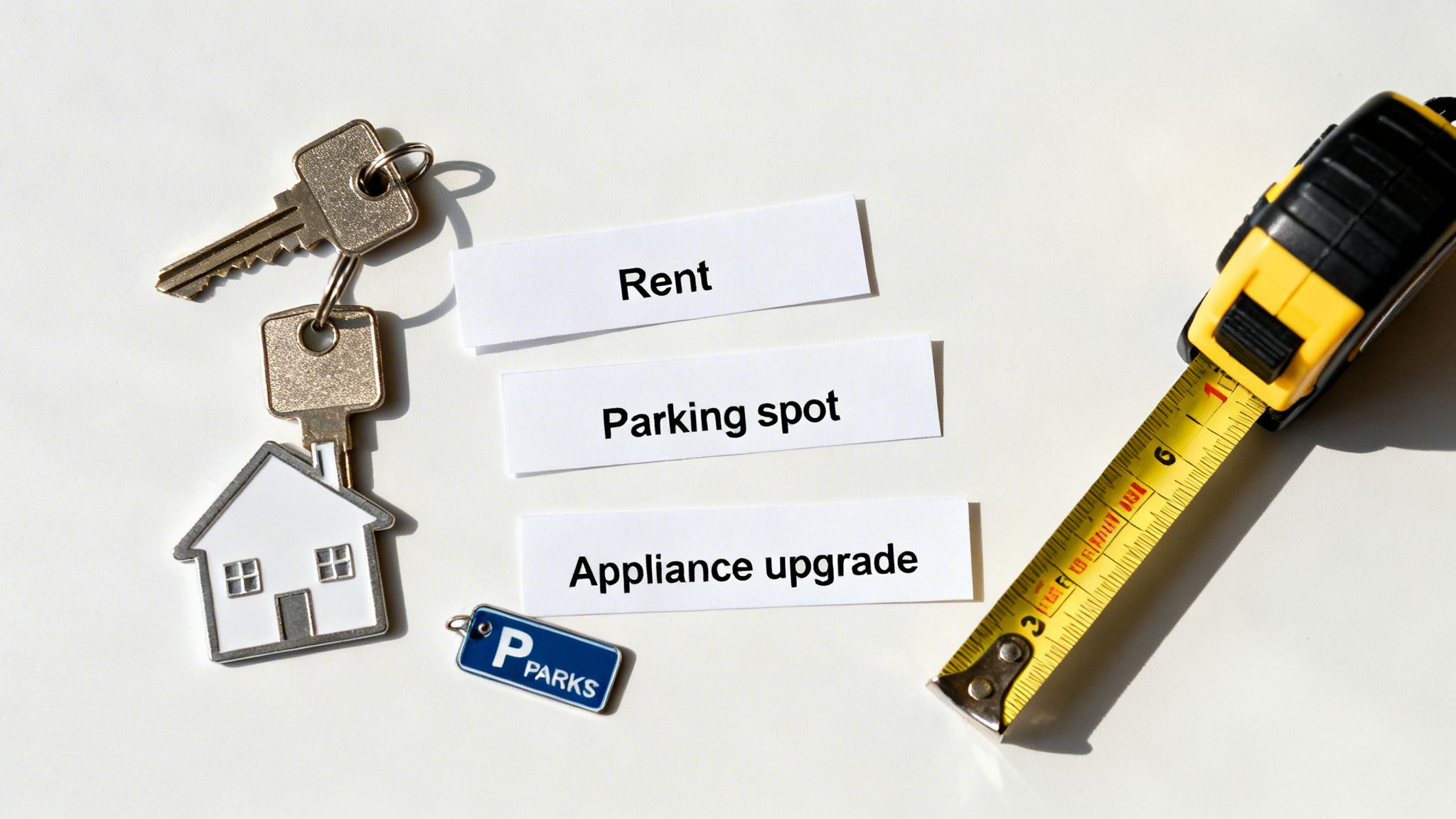 House keys with a house charm, parking sign, measuring tape, and papers listing rent, parking, and appliance upgrade.