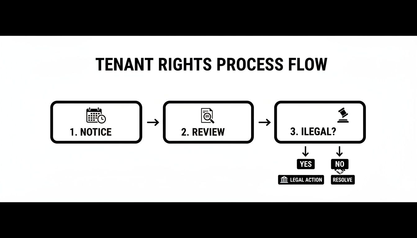 Flowchart outlining tenant rights process: notice, review, illegal check, then legal action or resolve.