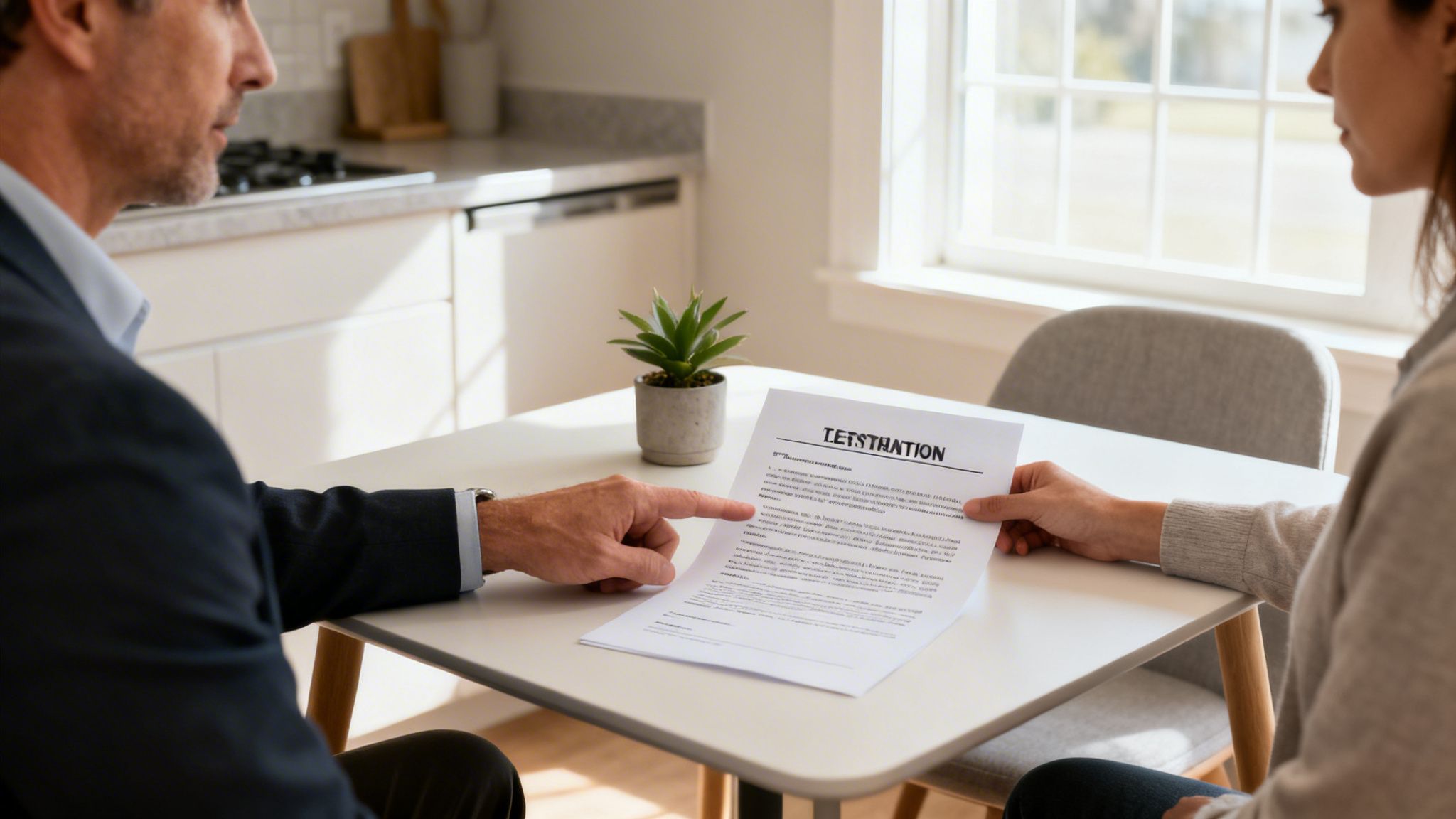 A man points at a contract held by a woman during a discussion at a table.