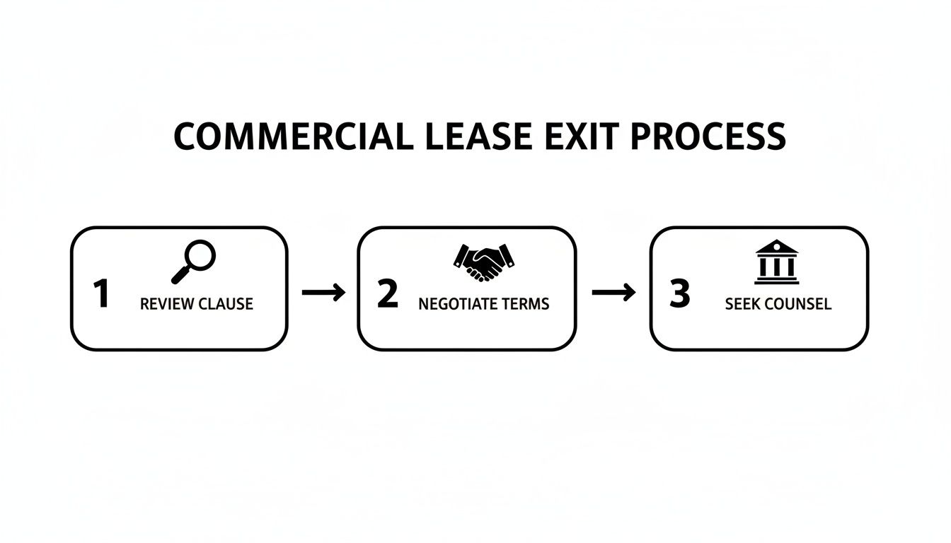 A diagram outlining the three-step commercial lease exit process: review clause, negotiate terms, and seek counsel.
